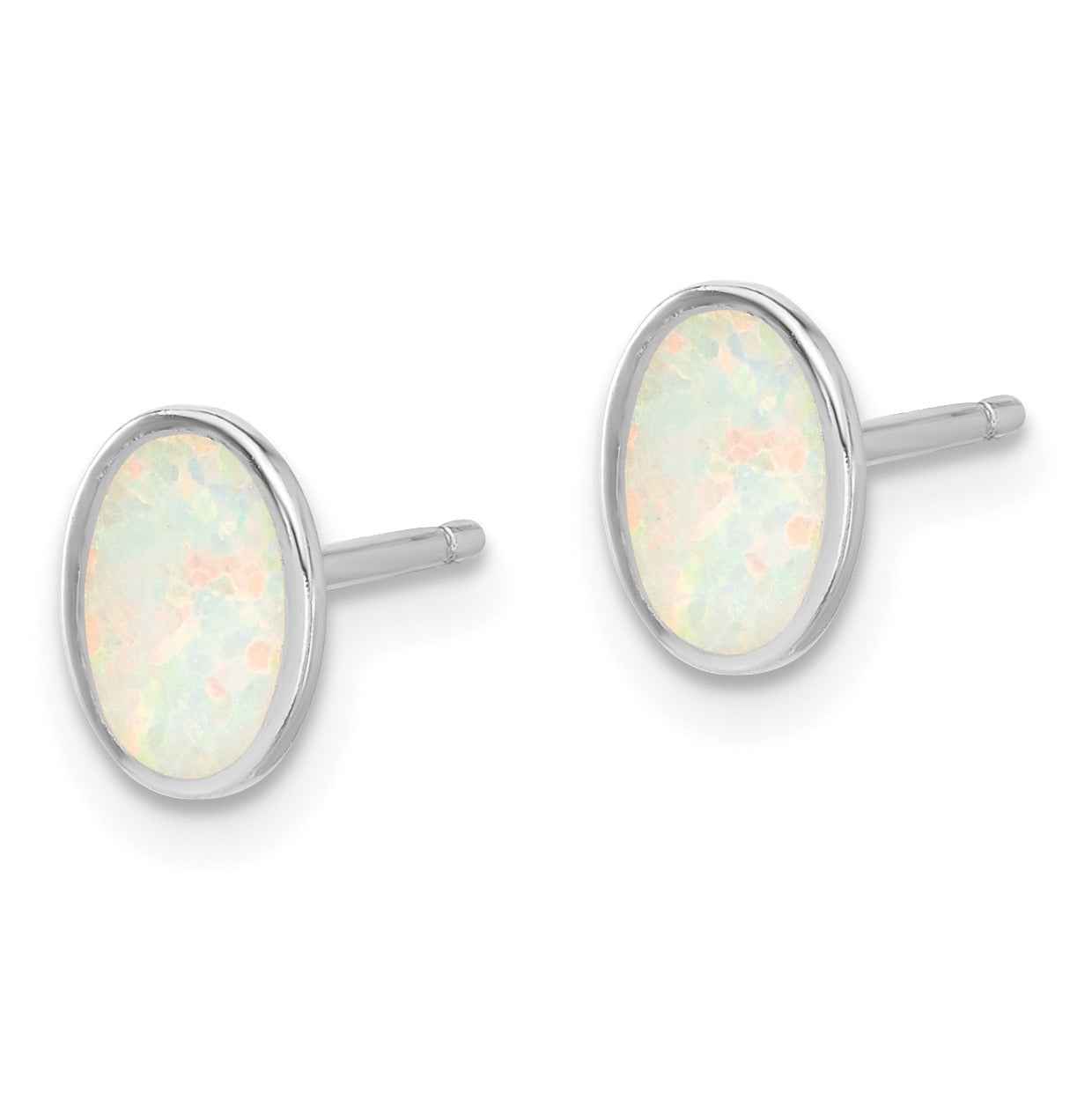 Oval opal gemstone stud earrings in silver setting, handcrafted fine jewelry