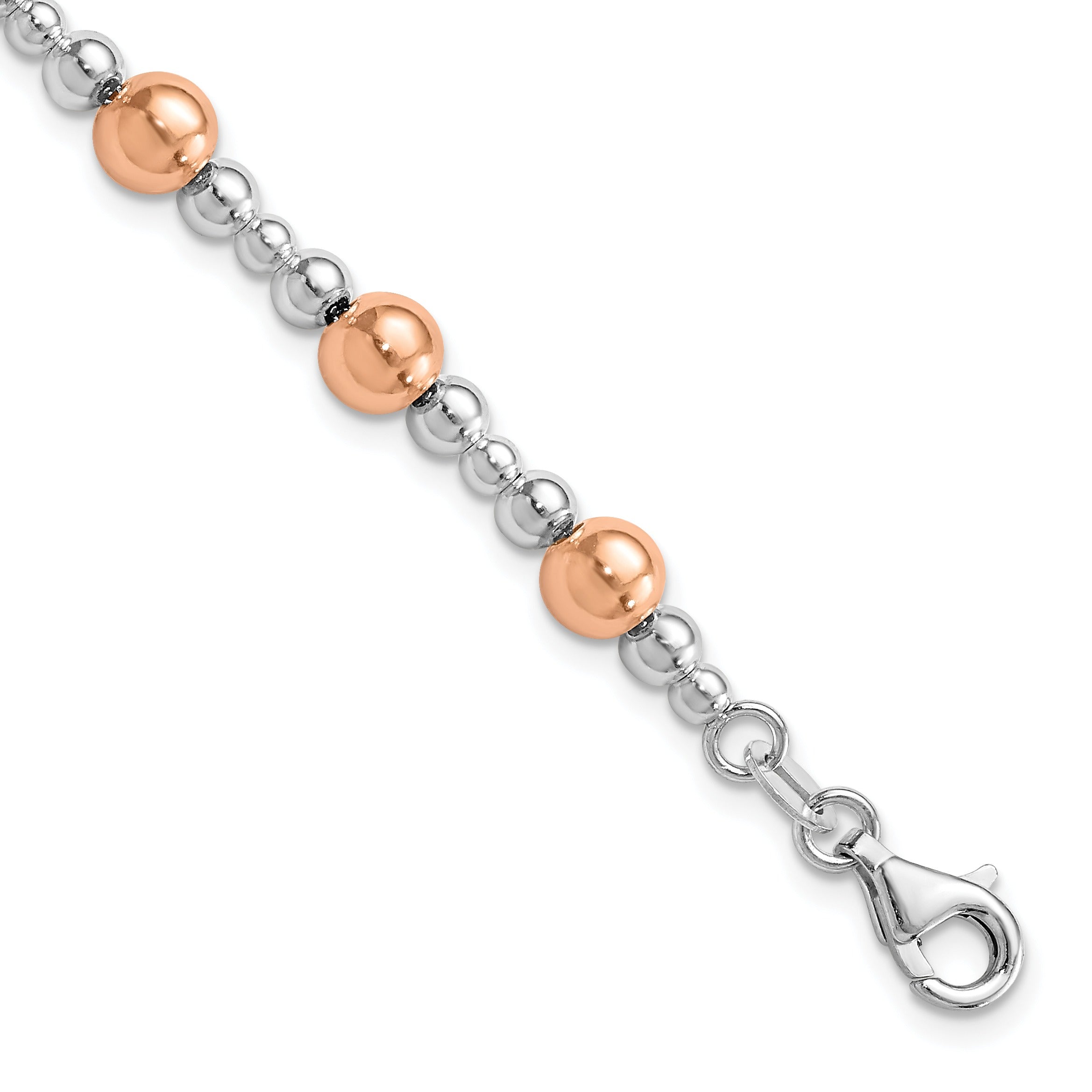 Two-Tone Rhodium and Rose-tone Round Silver Beaded Bracelet