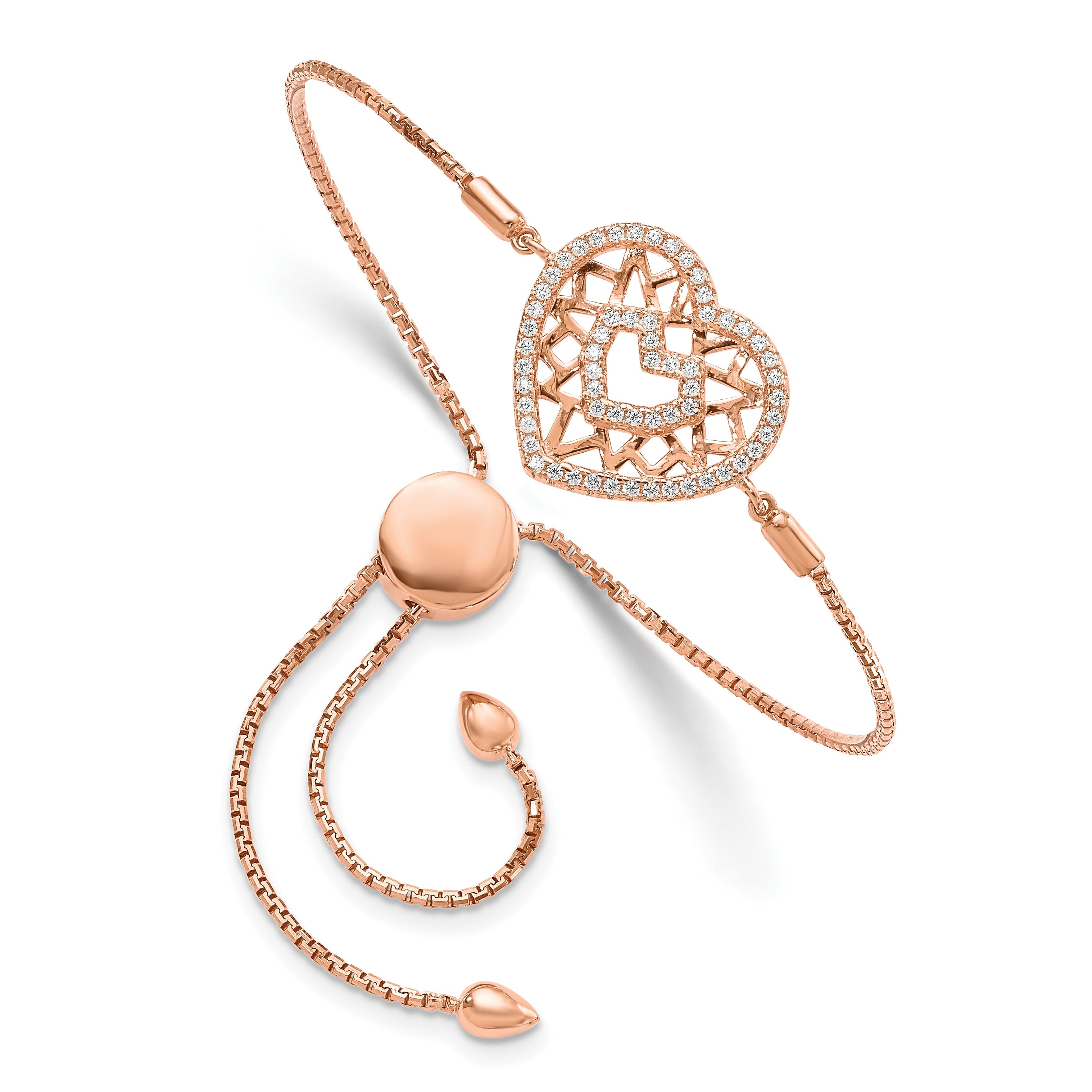 Sterling Silver Rose-tone Flash Rose Gold-plated 60 Stone Filigree CZ Heart Bracelet