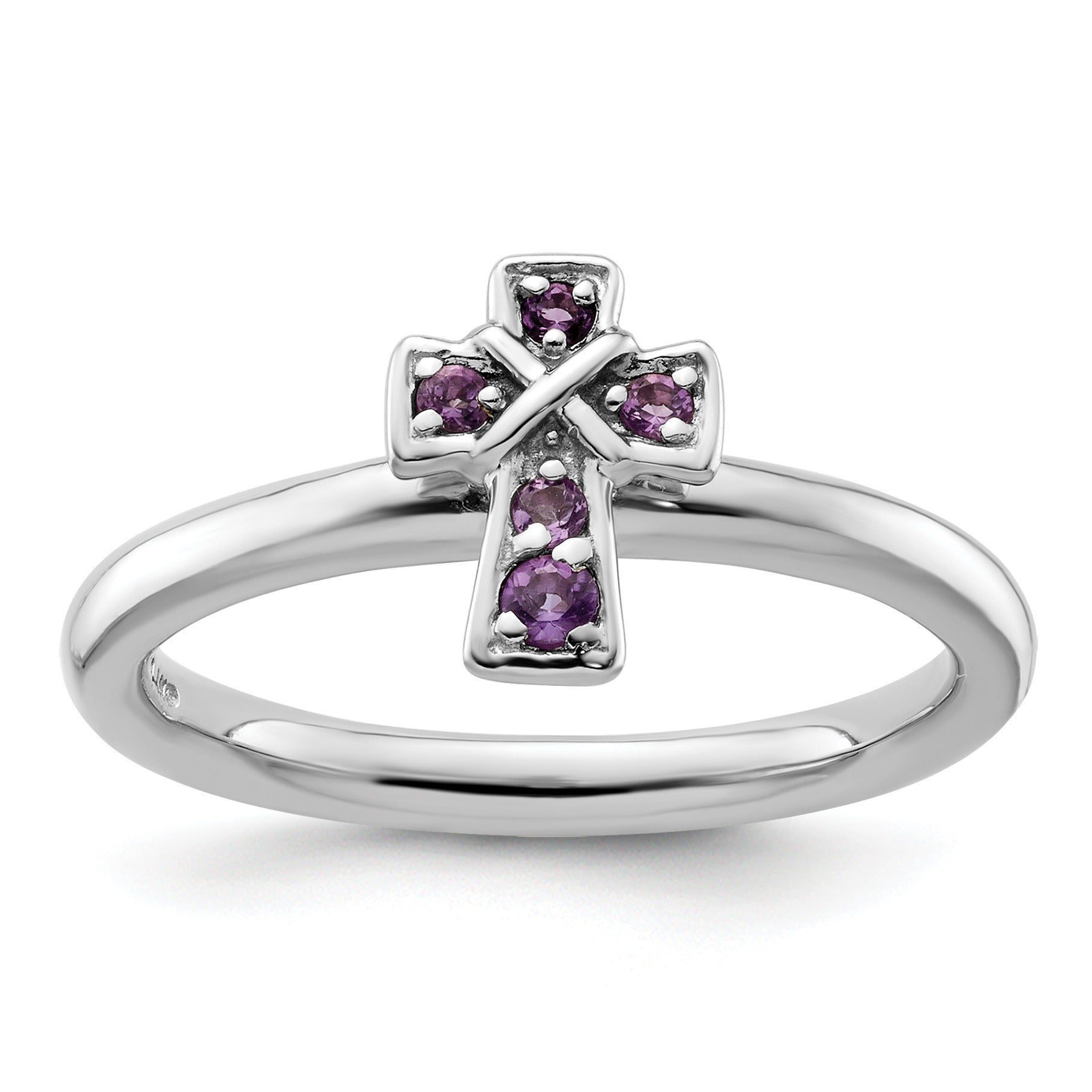 Natural Amethyst Silver Stackable Cross Ring