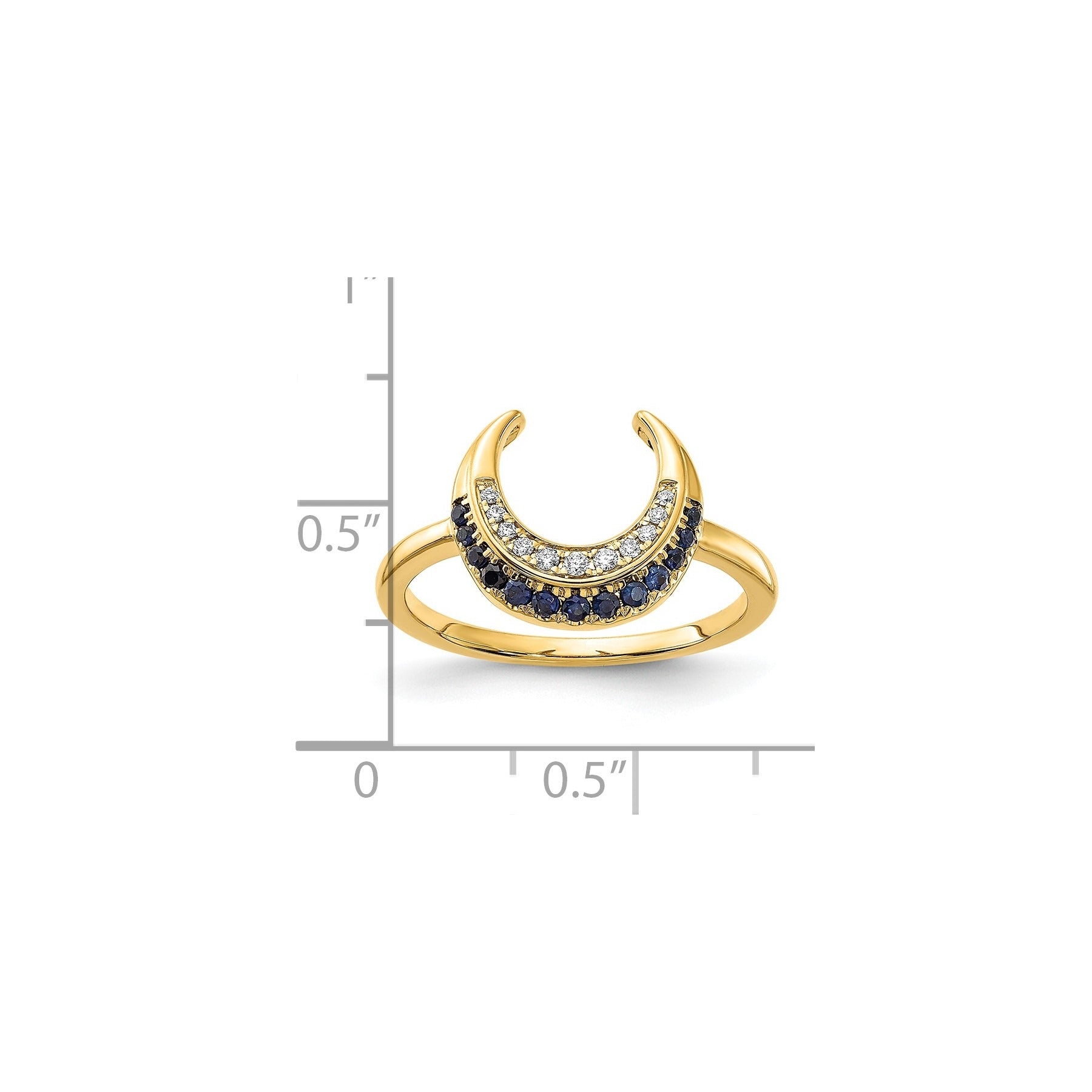 0.25 Ct Round Blue Sapphire & Diamond Pavé 14K Yellow Gold Horseshoe Curved Band Moon Ring