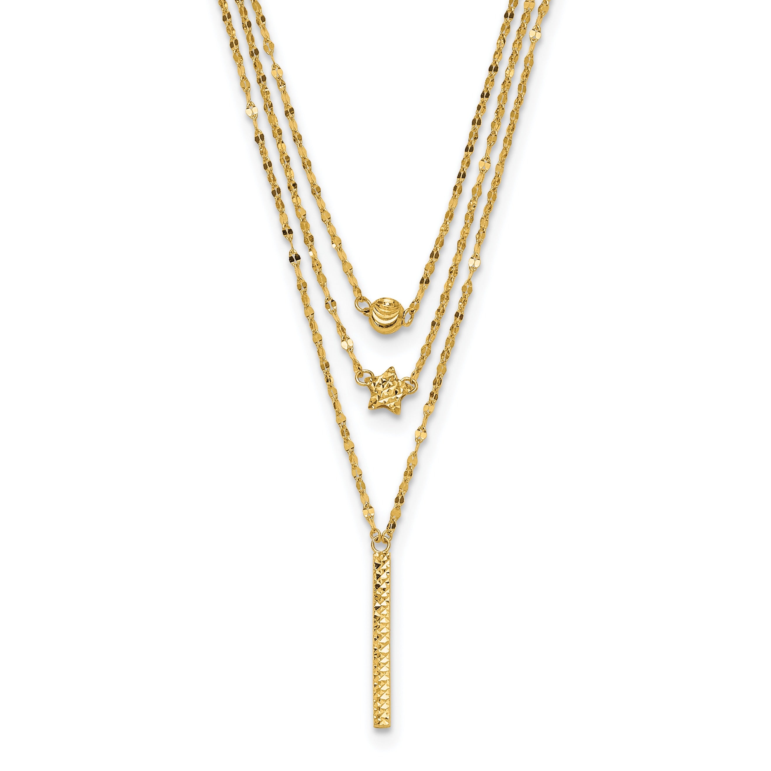 Diamond-Cut Star 14K Gold Three Strand Beaded Layered Necklace