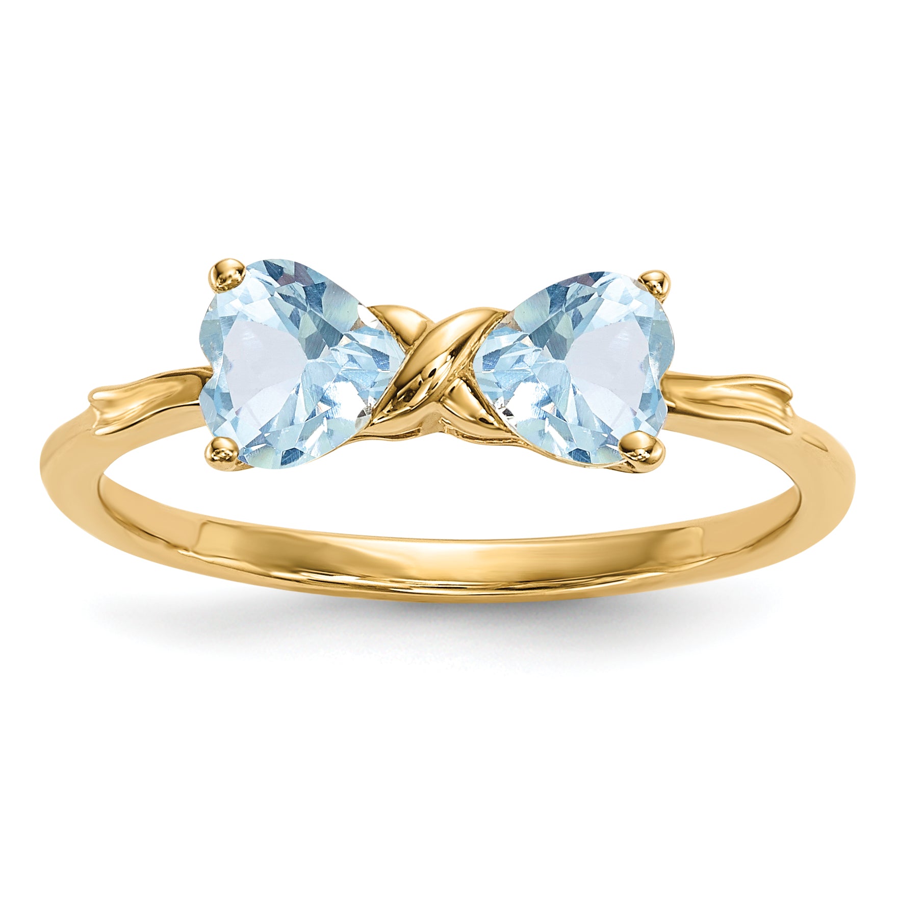 Gold ring with two heart-shaped light blue gemstones, fine handcrafted jewelry