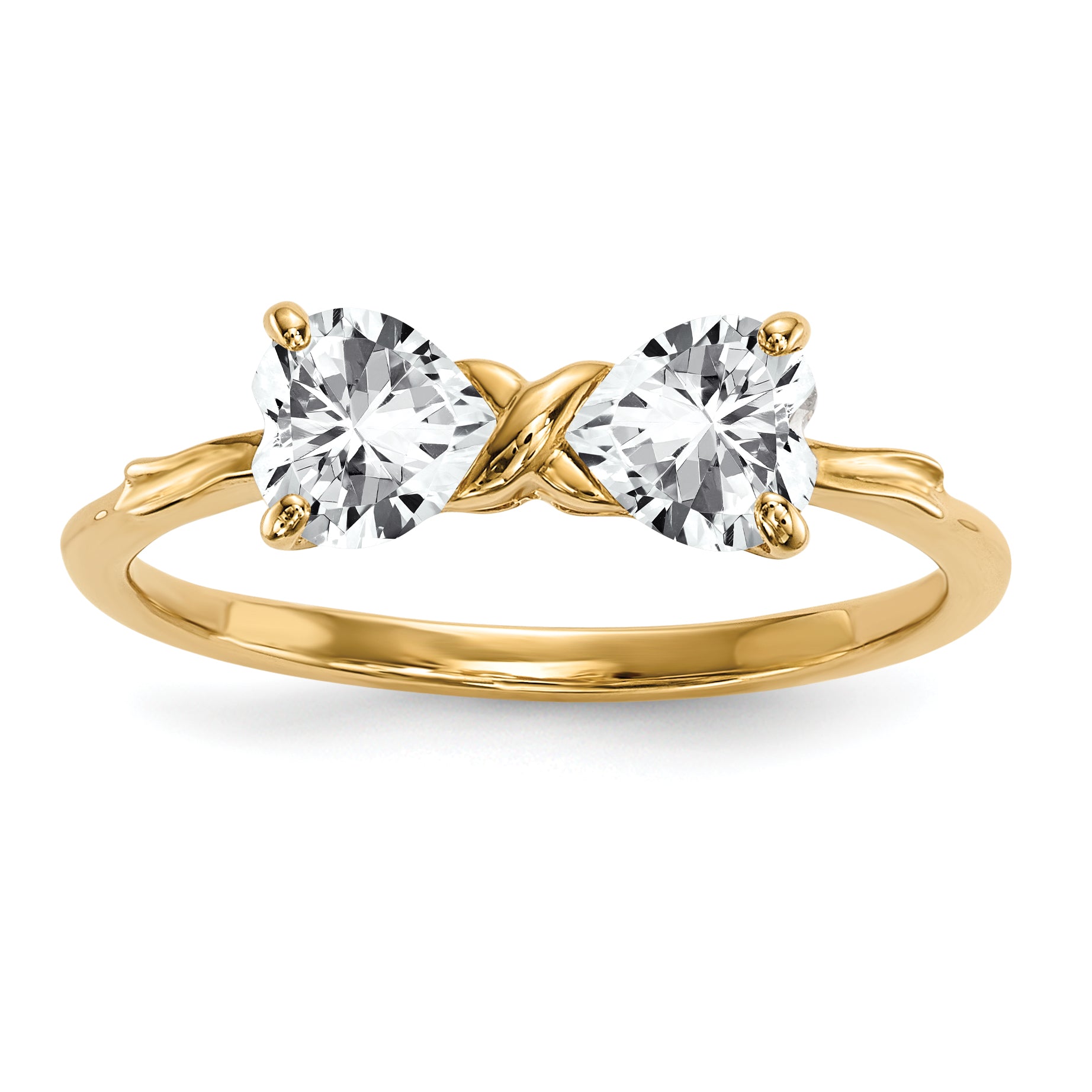 14k Yellow Gold Bow Dual Heart Birthstone Ring