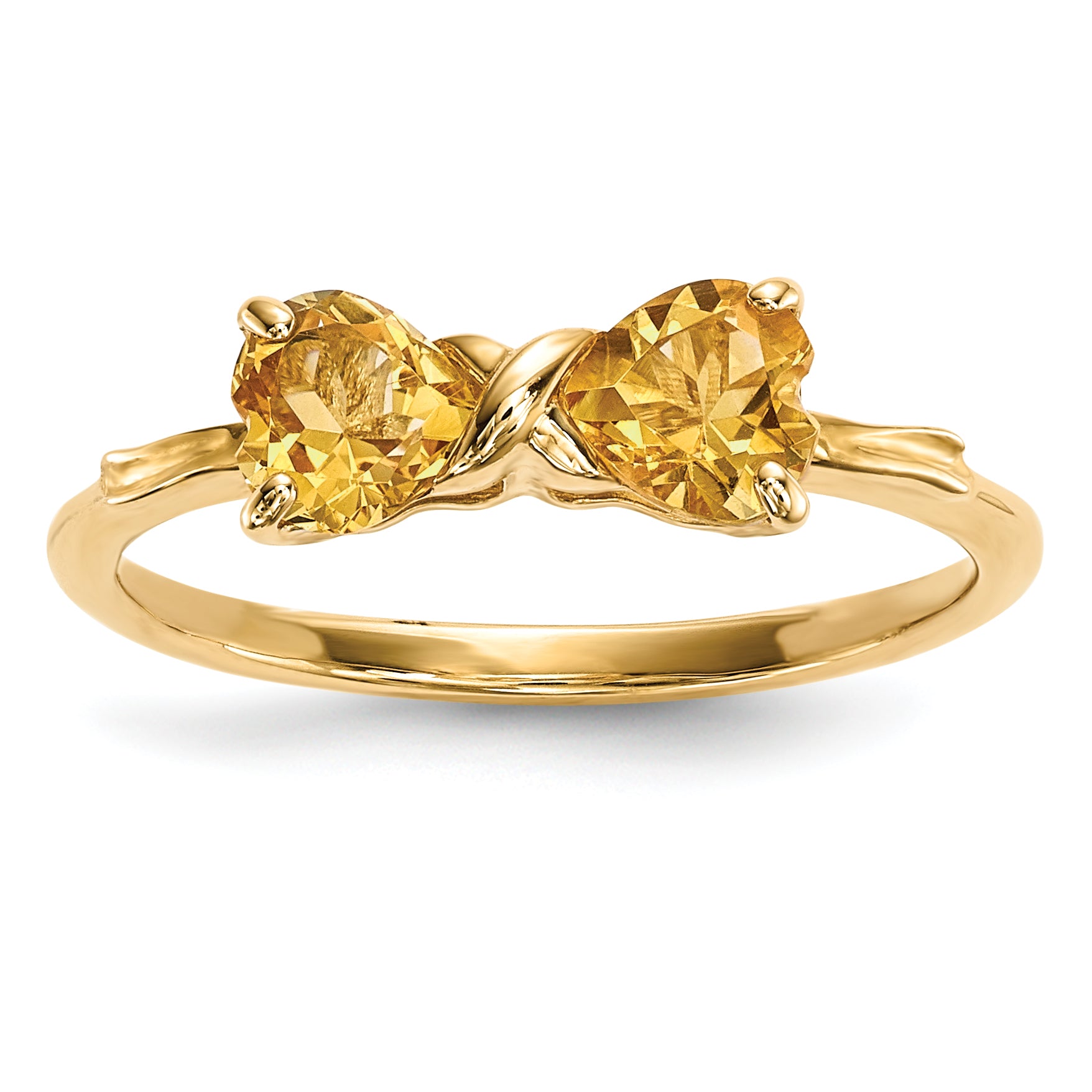 14k Yellow Gold Bow Dual Heart Birthstone Ring