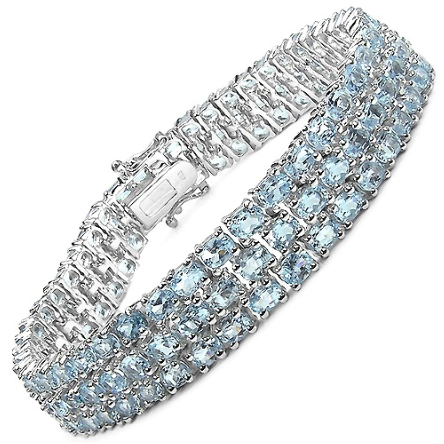 26.20 Ct Oval Blue Topaz Prong Sterling Silver Triple Row Tennis Bracelet