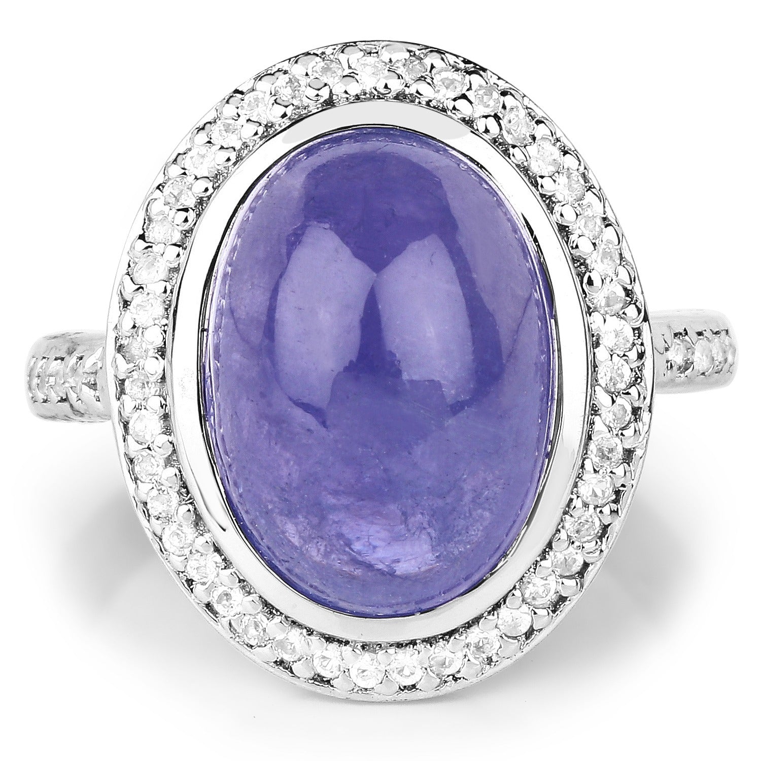 8.26 Ct Oval Violet Tanzanite & White Topaz Prong Silver Halo Pave Bold Ring