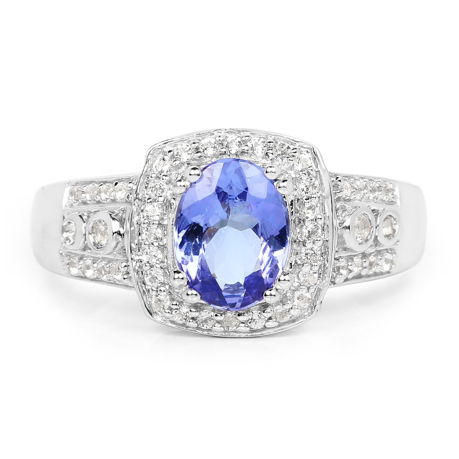 1.42 Ct Oval Violet Tanzanite & White Topaz Prong Silver Pave Halo Statement Ring