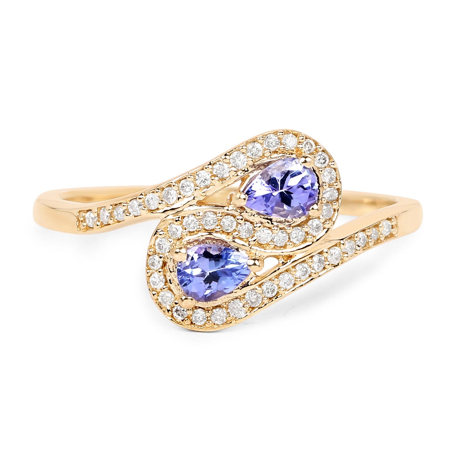 0.42 Ct Pear Tanzanite and White Diamond 14K Yellow Gold Bypass Halo Pave Ring