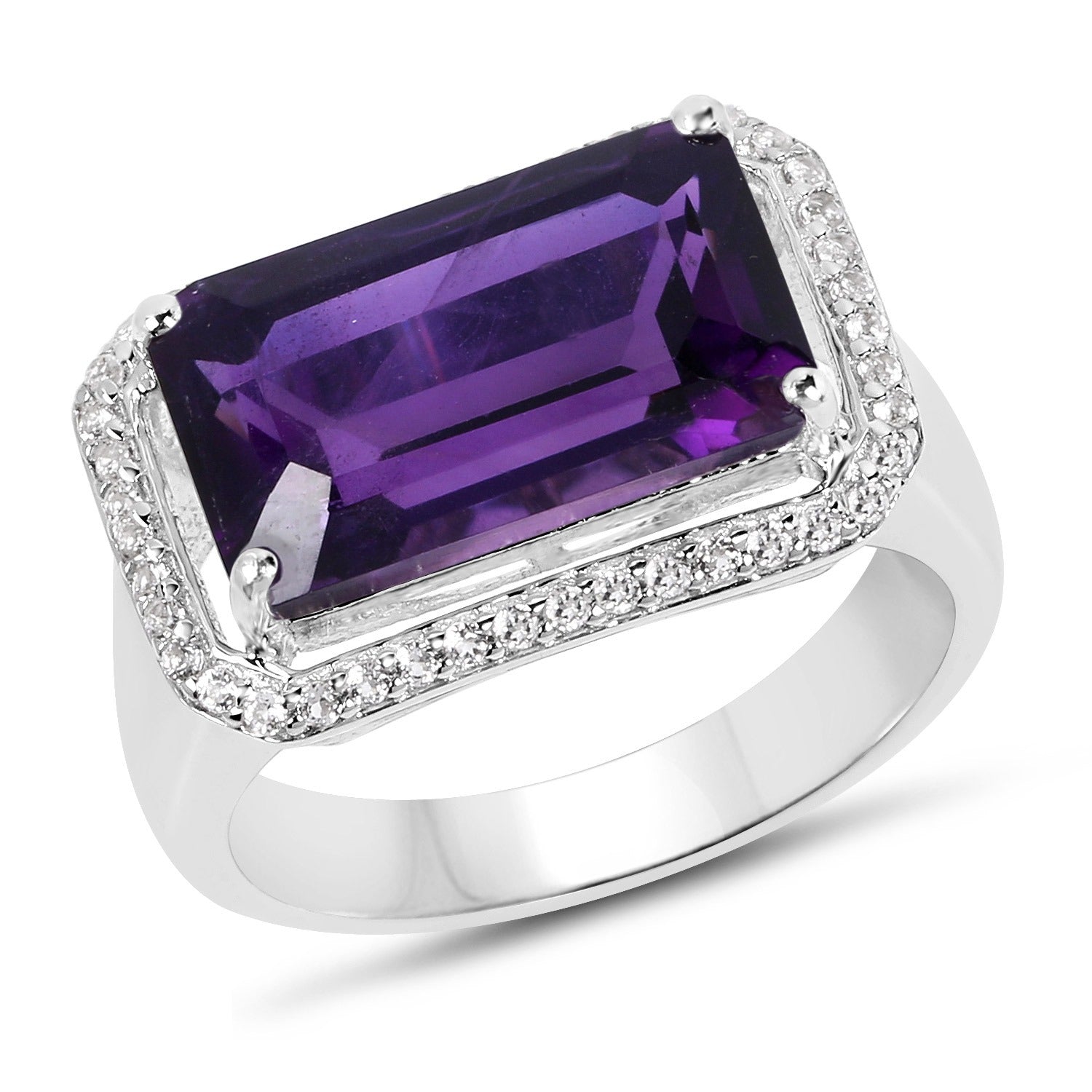 5.51 Ct Octagon Purple Amethyst and White Zircon Prong Silver Halo Statement Ring