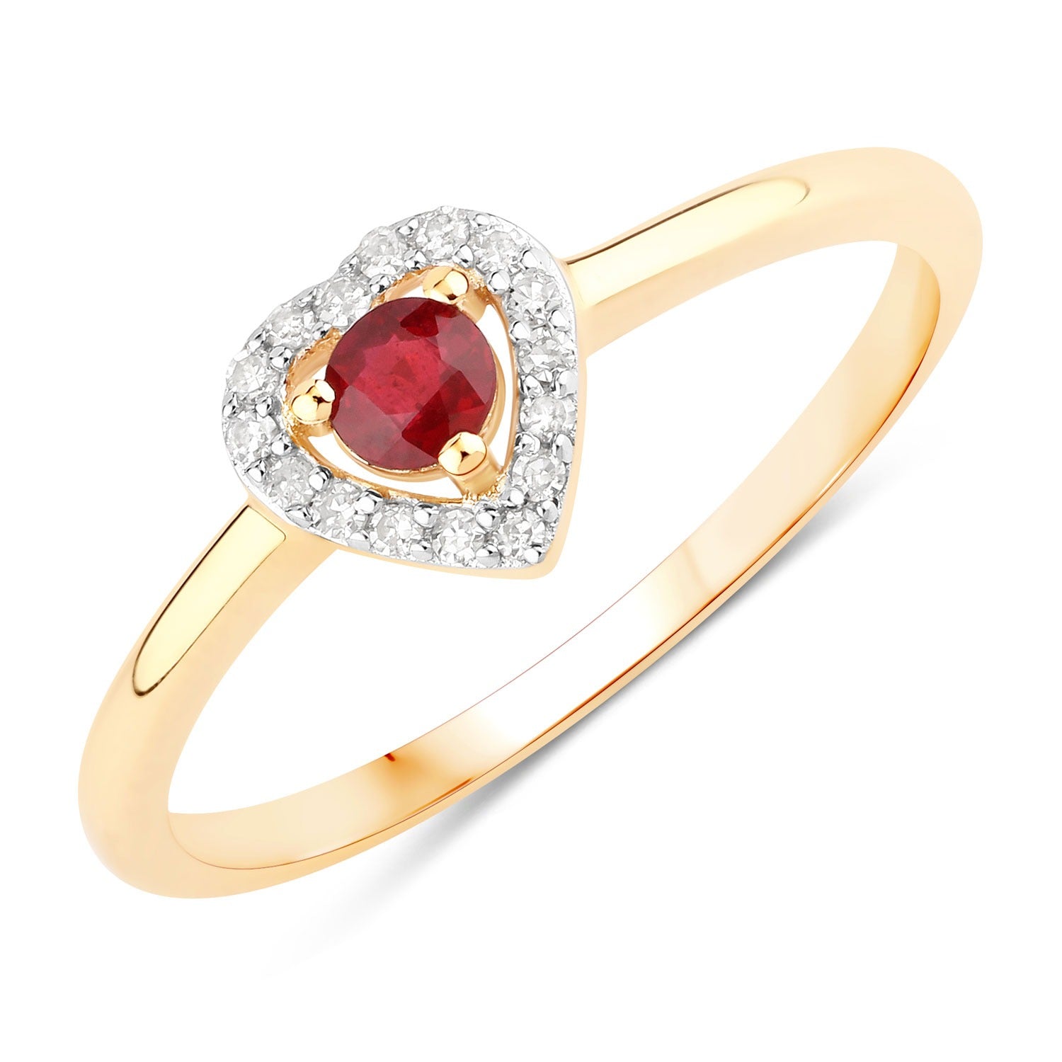0.21 Ct Heart Shape Pink Ruby and White Diamond Prong 14K Yellow Gold Halo Ring