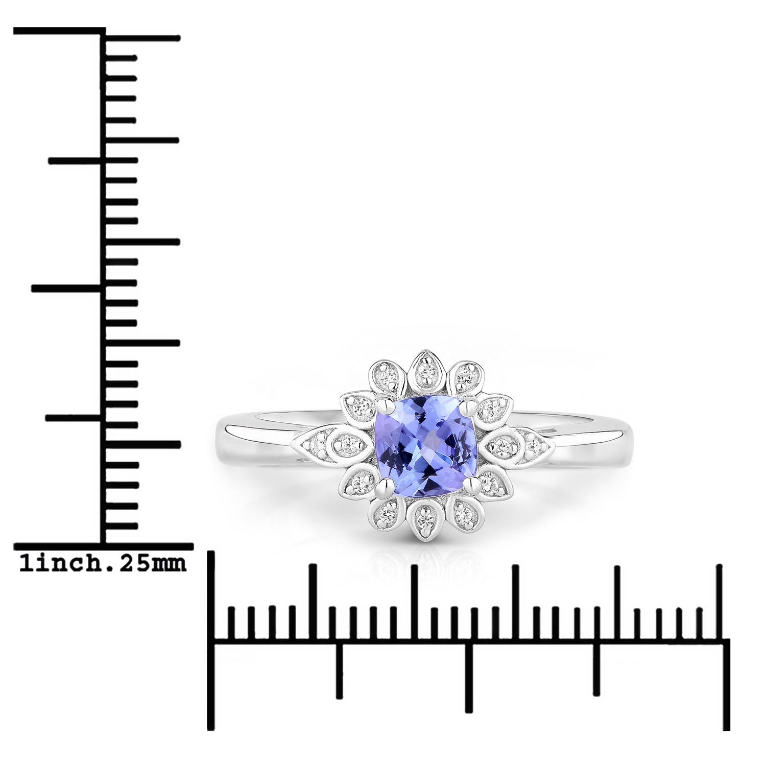 0.59 Ct Cushion Violet Tanzanite and Created White Sapphire Prong Silver Flower Ring