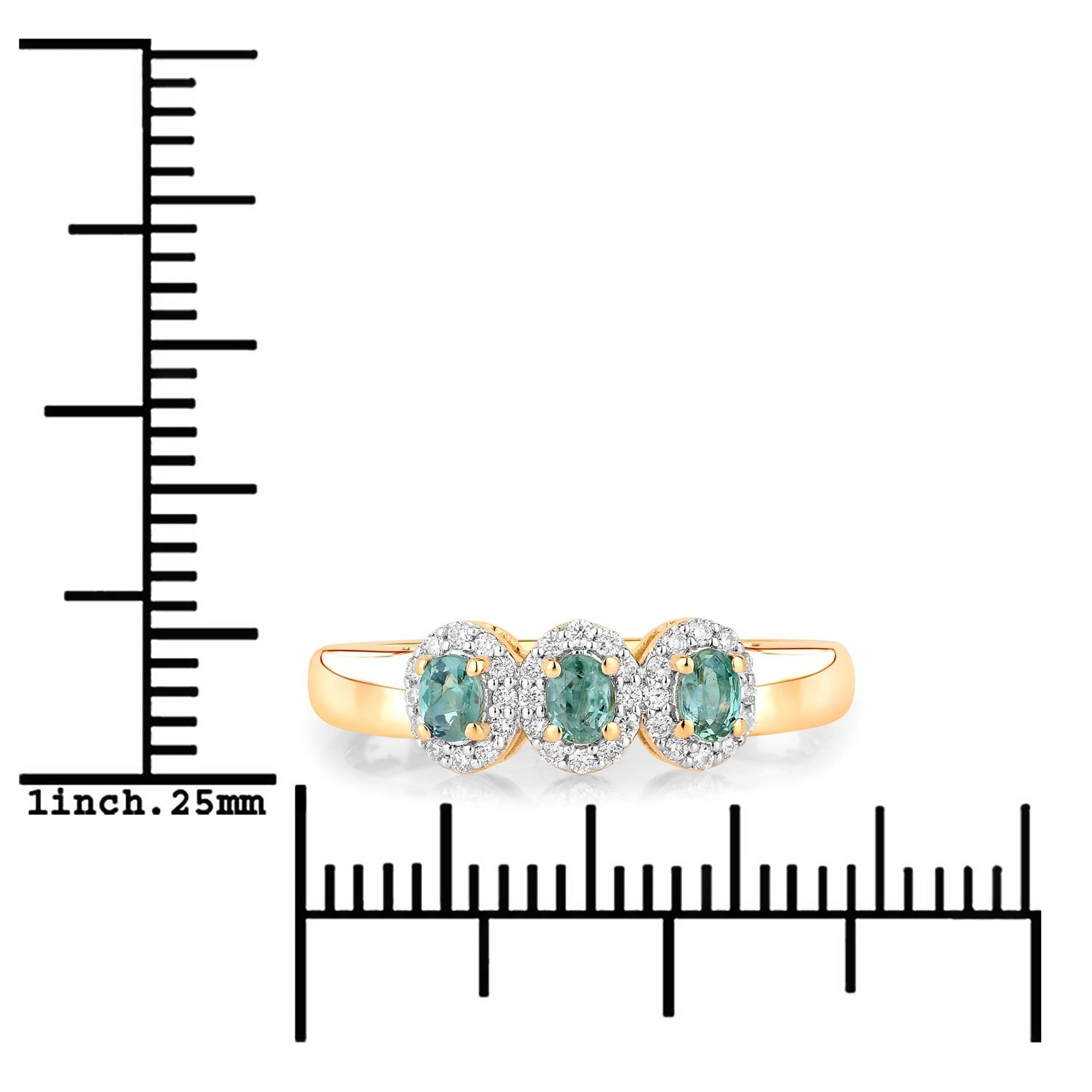 0.46 Ct Green Genuine Alexandrite and Diamond 18K Yellow Gold Three Stone Halo Ring