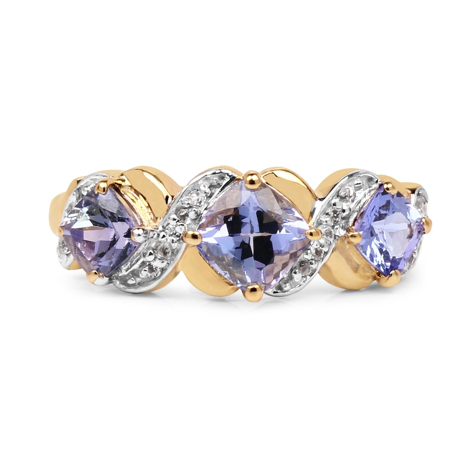 1.20 Ct Cushion Violet Tanzanite and White Topaz Prong Silver Three Stone Ring