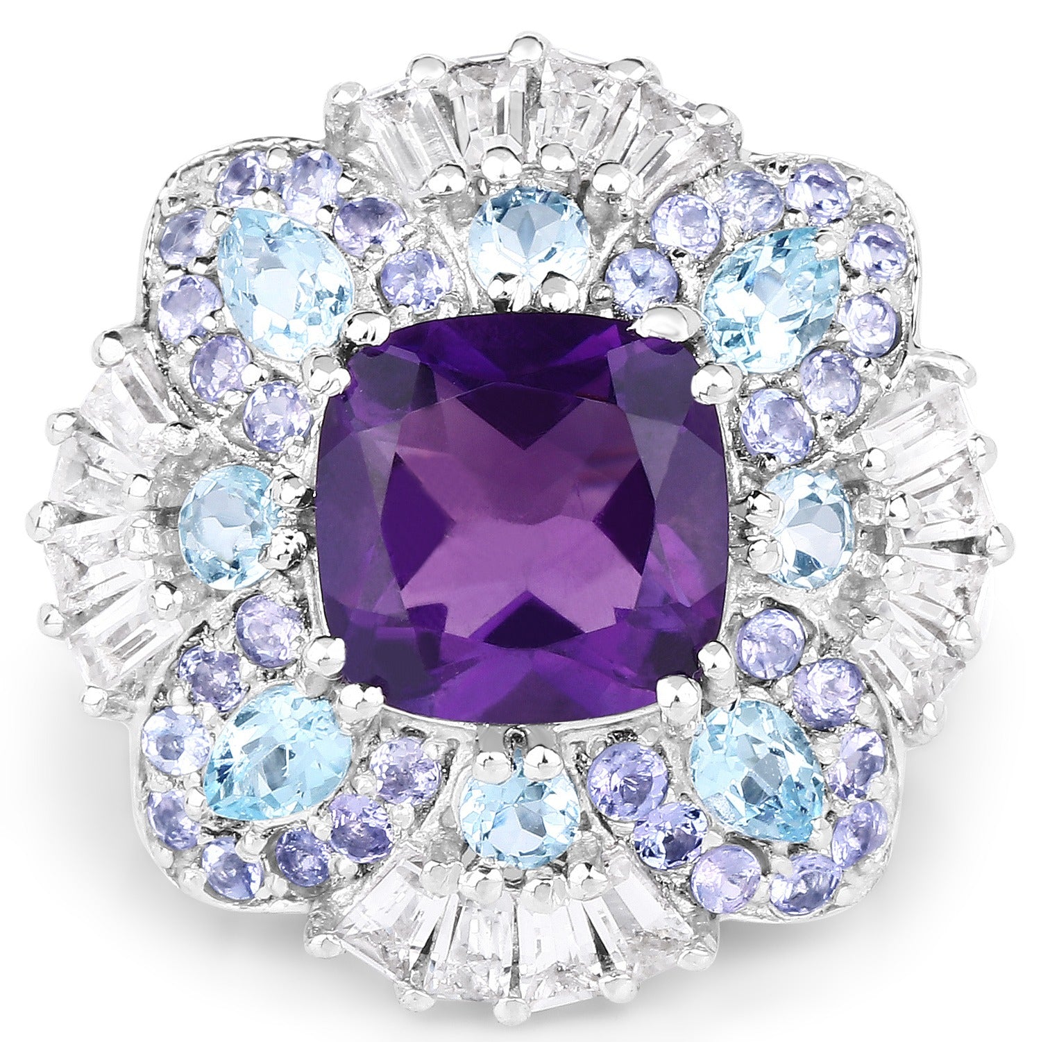 8.38 Ct Cushion Purple Amethyst Prong Sterling Silver Cluster Halo Cocktail Ring