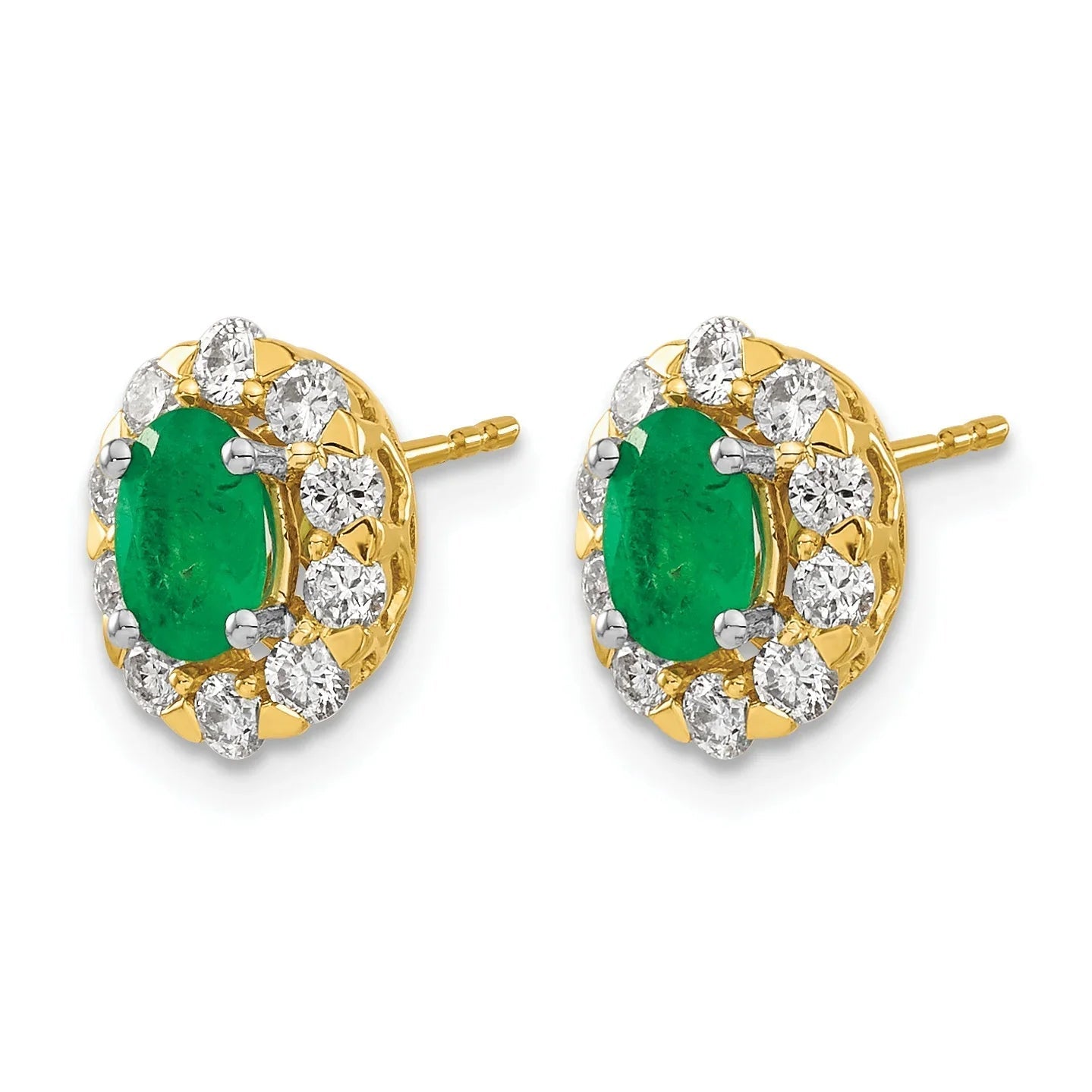 14k Gold Lab Grown Diamond Oval Emerald Halo Studs Earrings - Fine Color Jewels