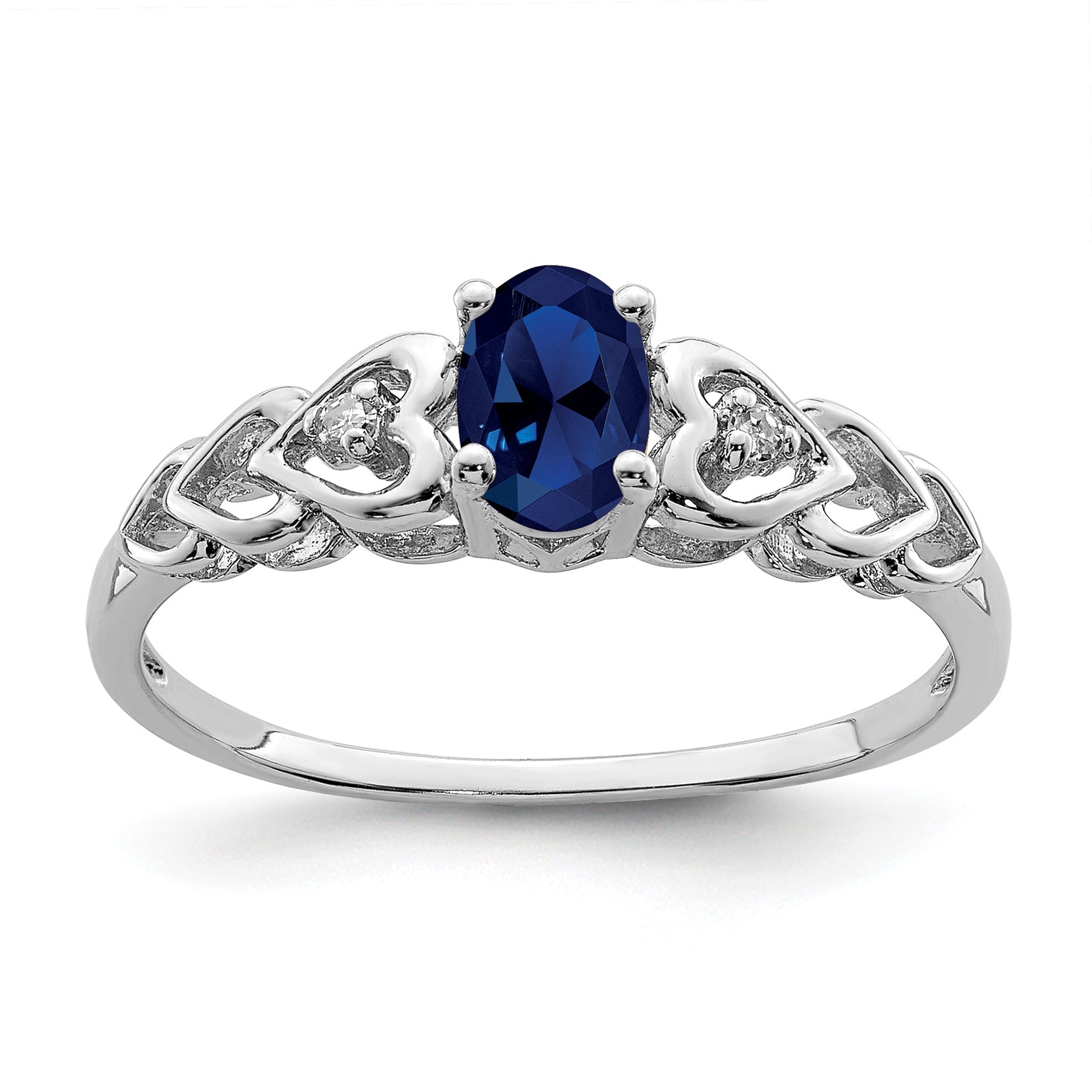 0.60 Ct Oval Blue Created Sapphire & Diamond Prong Rhodium-Plated Silver Solitaire Heart Band Ring