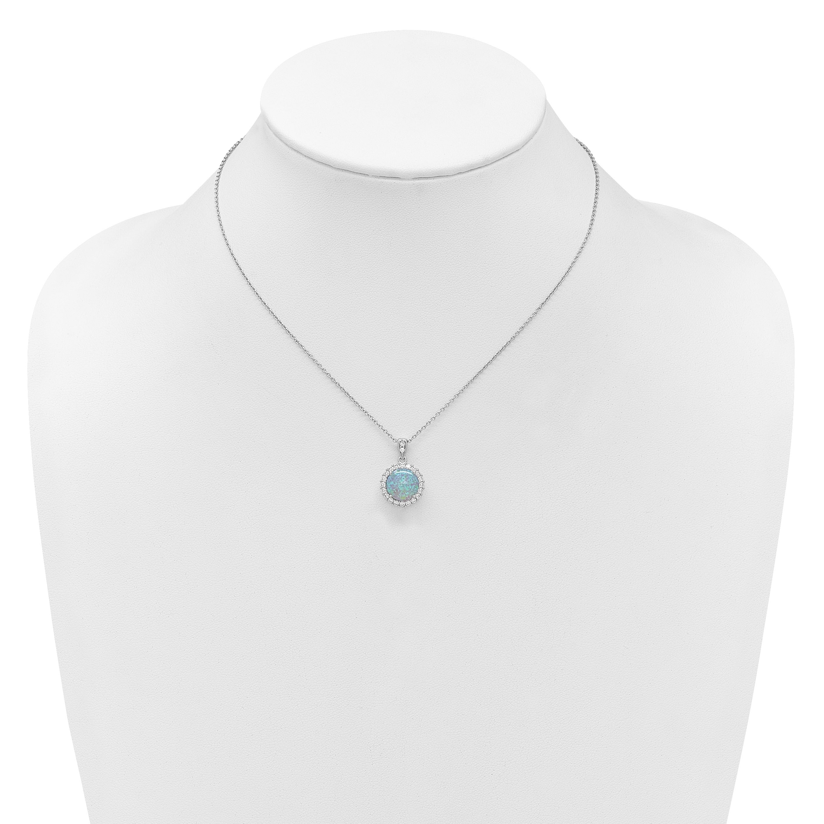 Lab Created Opal and CZ Halo Circle Necklace Sterling Silver