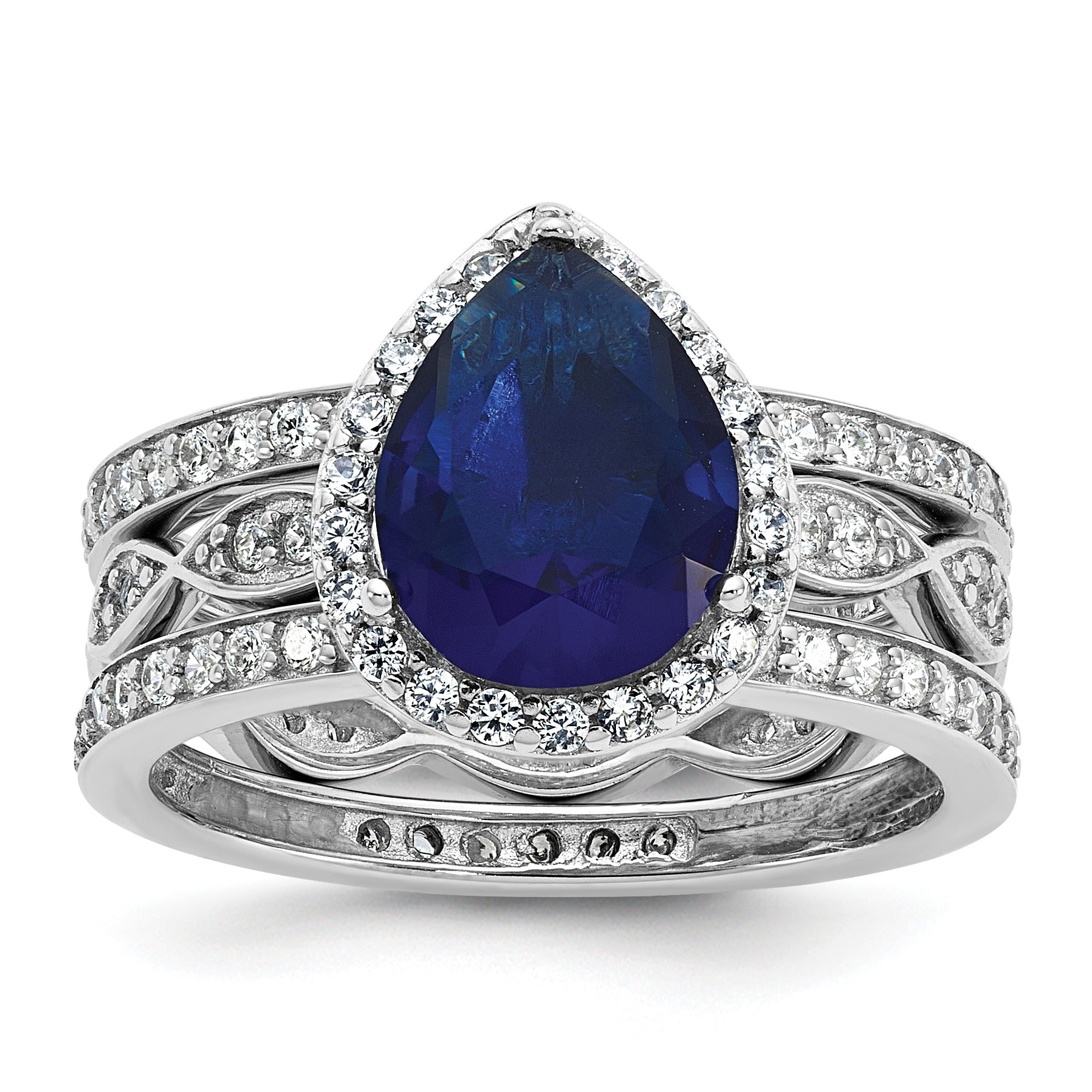 Pear Shaped Created Sapphire Sterling Silver Teardrop Halo Pave Engagement Ring