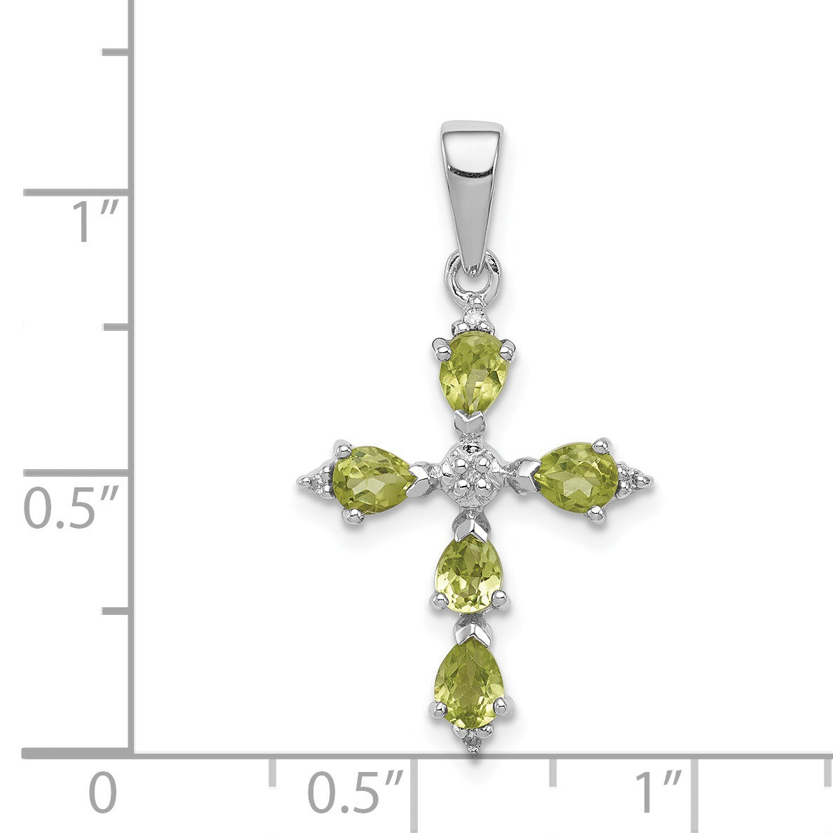 Silver Rhodium Pear Peridot and Diamond Cross Pendant