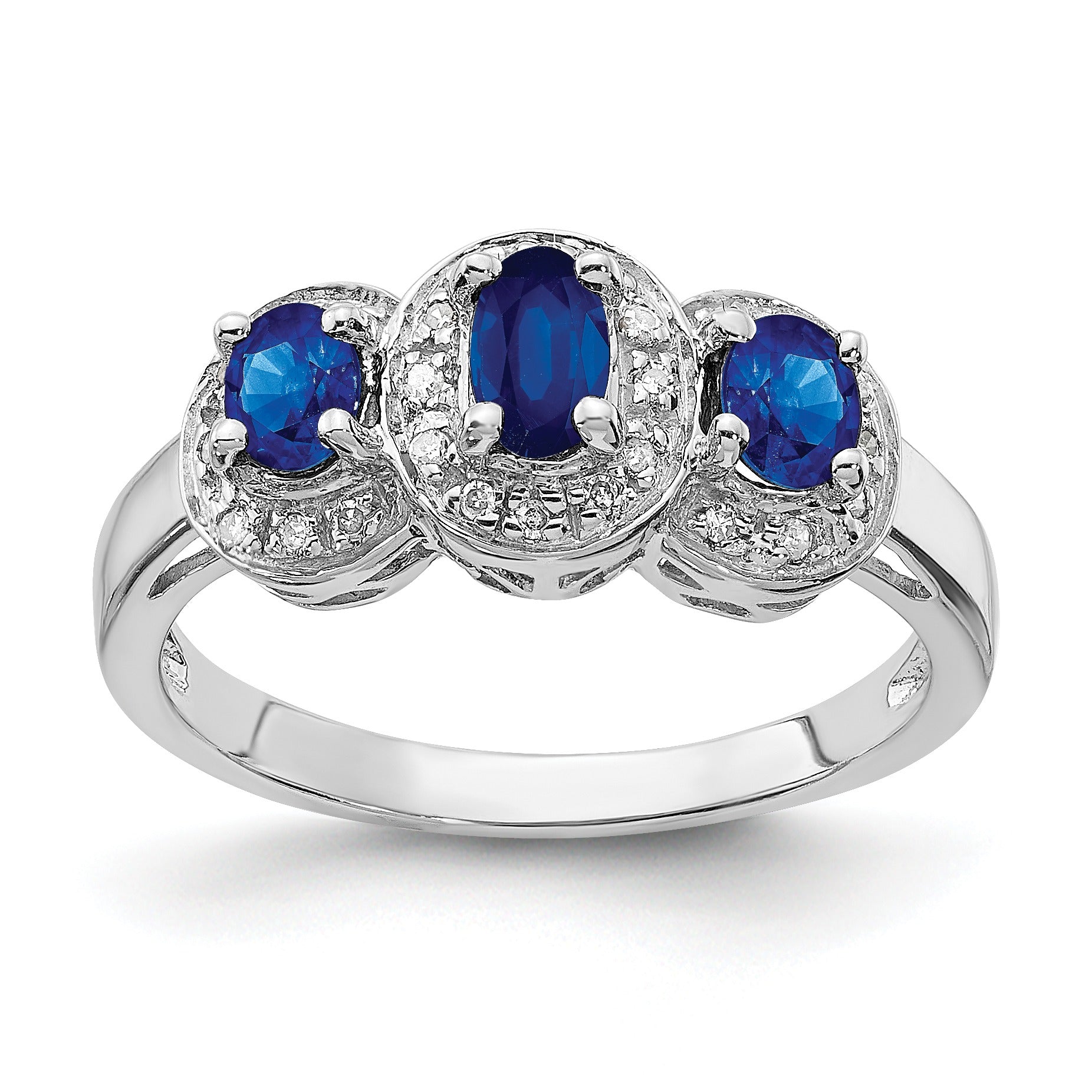 0.9 Ct Blue Sapphire and Diamond Sterling Silver Three Stone Halo Ring