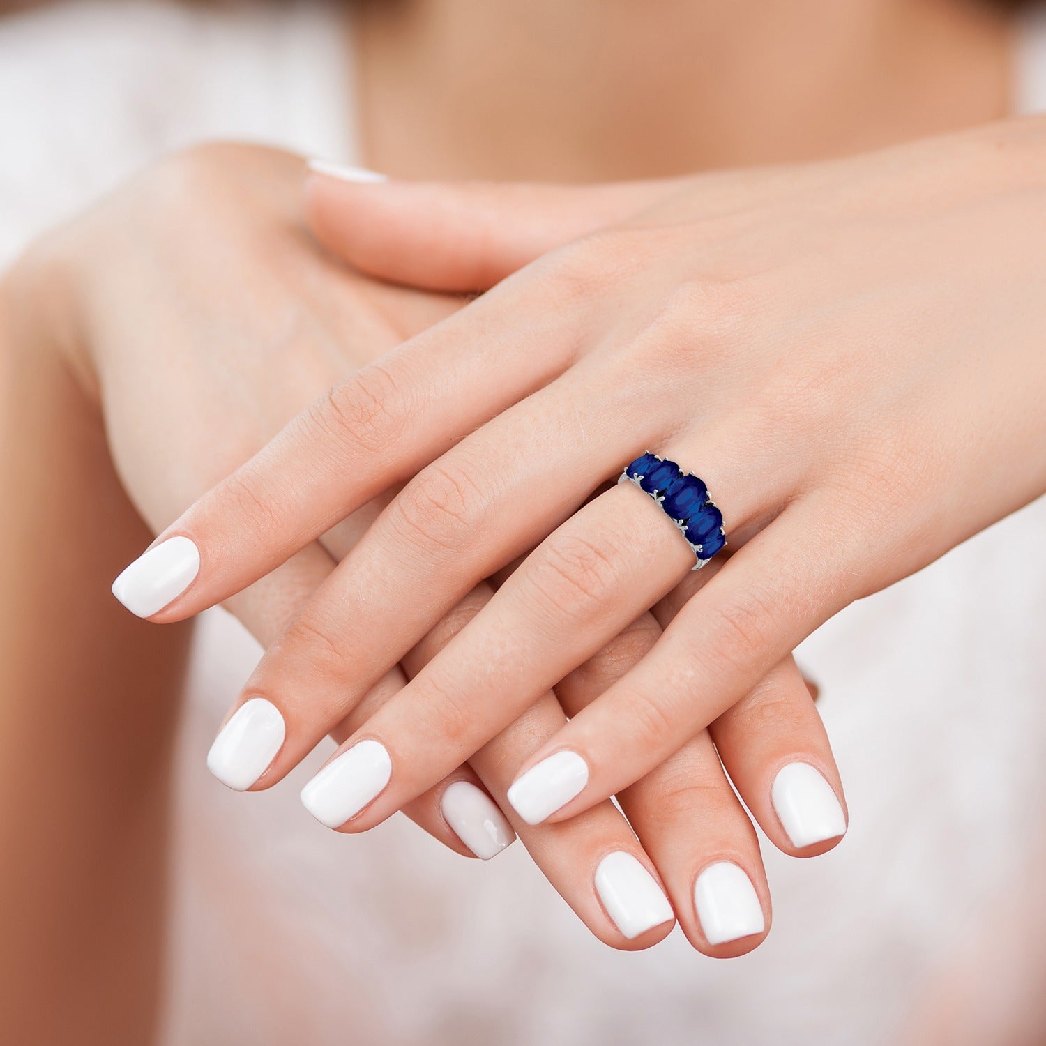 4.75 Ct Oval Blue Lab Created Sapphire Prong Rhodium-Plated Silver Five Stone Ring