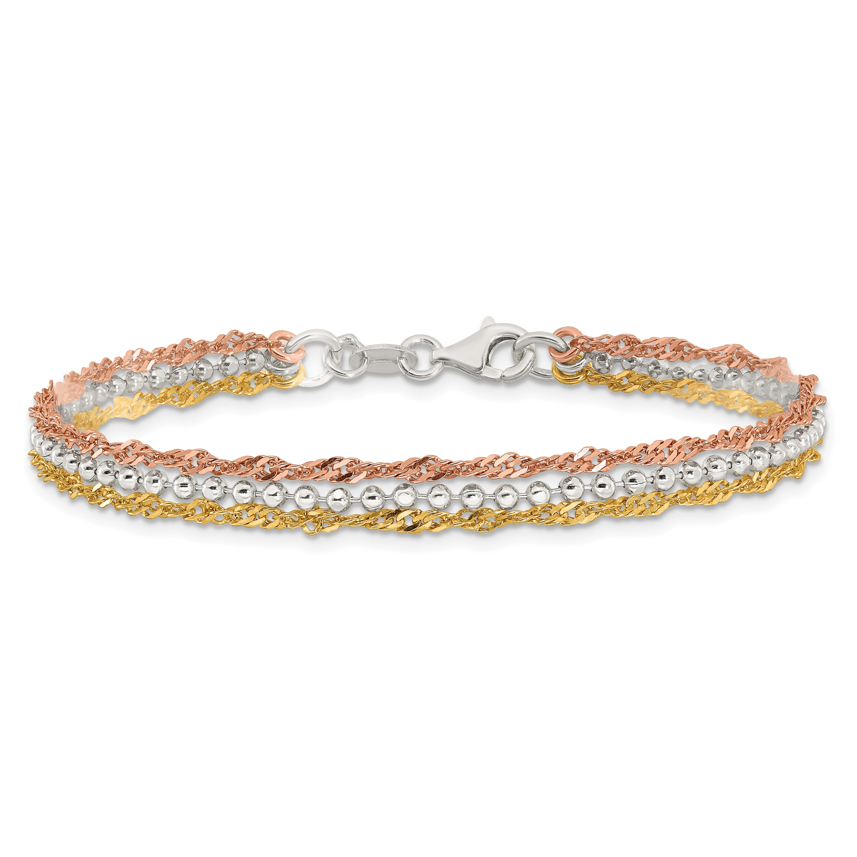 Silver Gold-tone and Rose Tone 3 Strand Unisex Chain Bracelet
