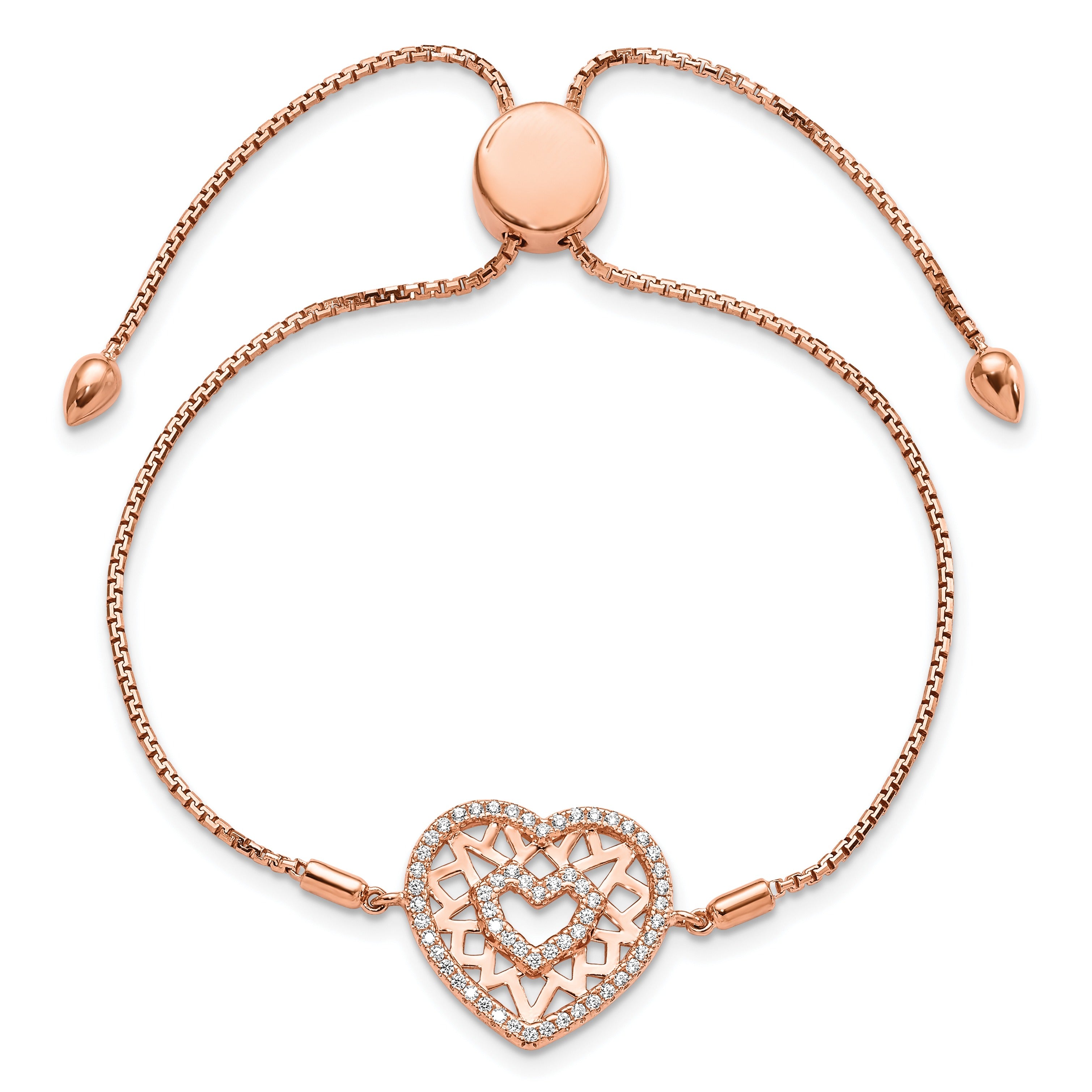 Sterling Silver Rose-tone Flash Rose Gold-plated 60 Stone Filigree CZ Heart Bracelet