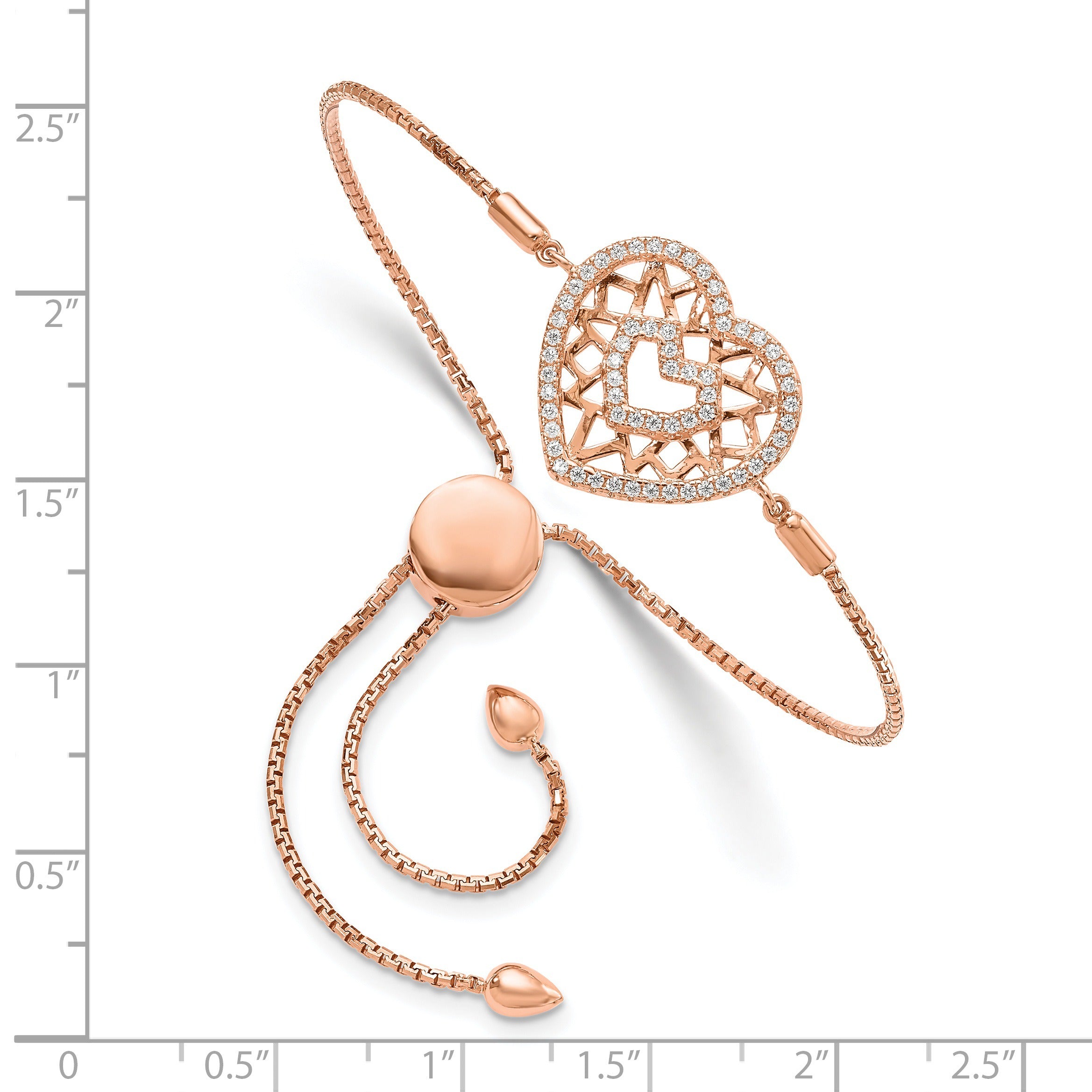 Cubic Zirconia Silver Rose Gold Plated Filigree Duble Heart Adjustable Bracelet