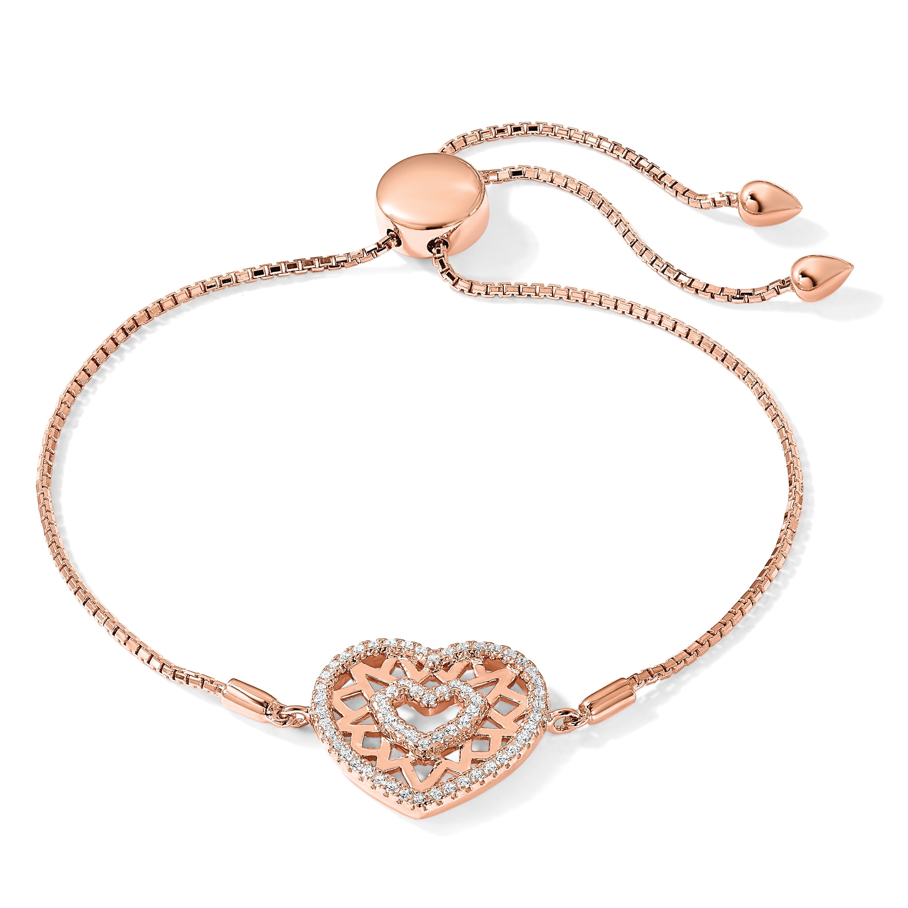 Cubic Zirconia Silver Rose Gold Plated Filigree Duble Heart Adjustable Bracelet