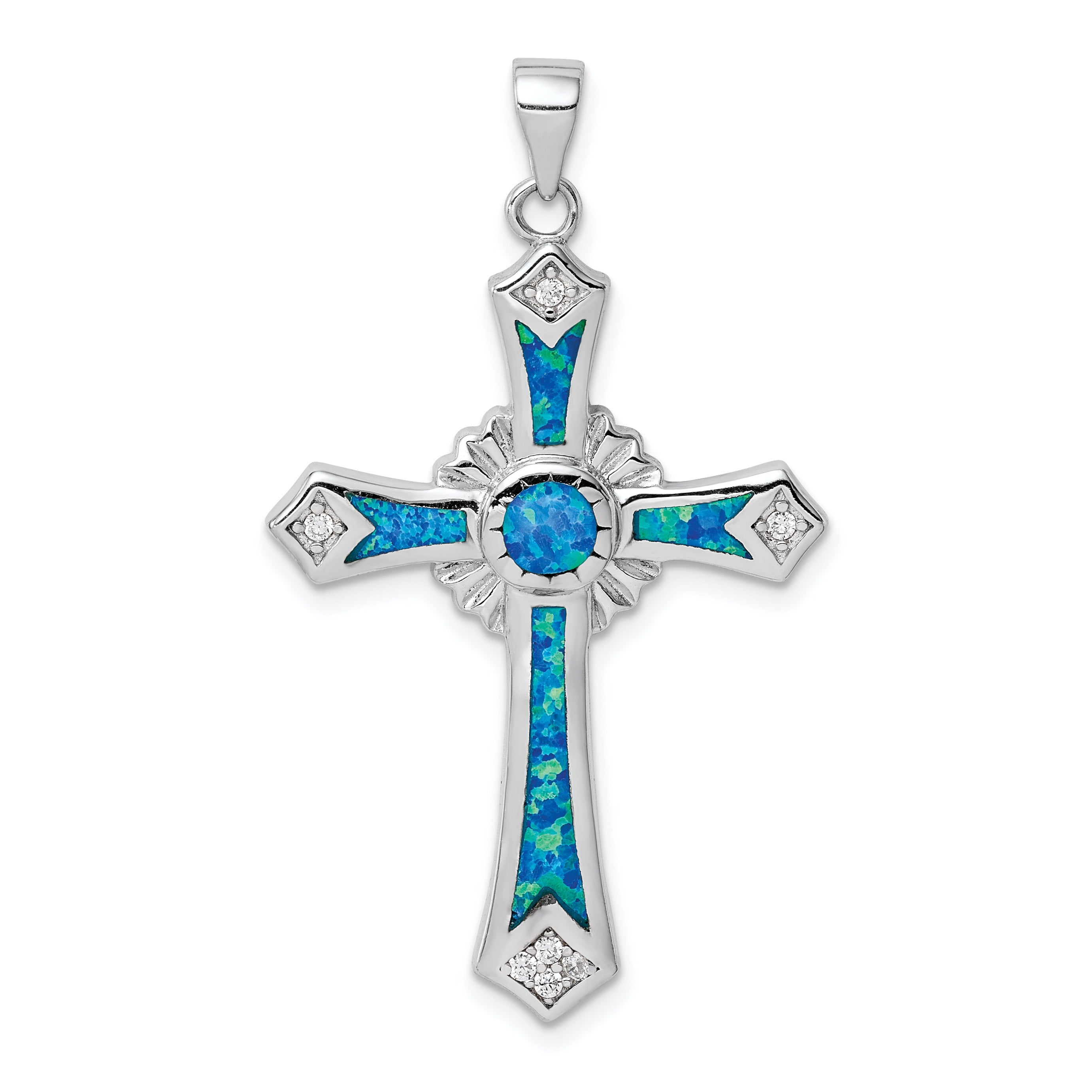 Sterling Silver Lab Created Blue Opal and Cubic Zirconia Cross Pendant