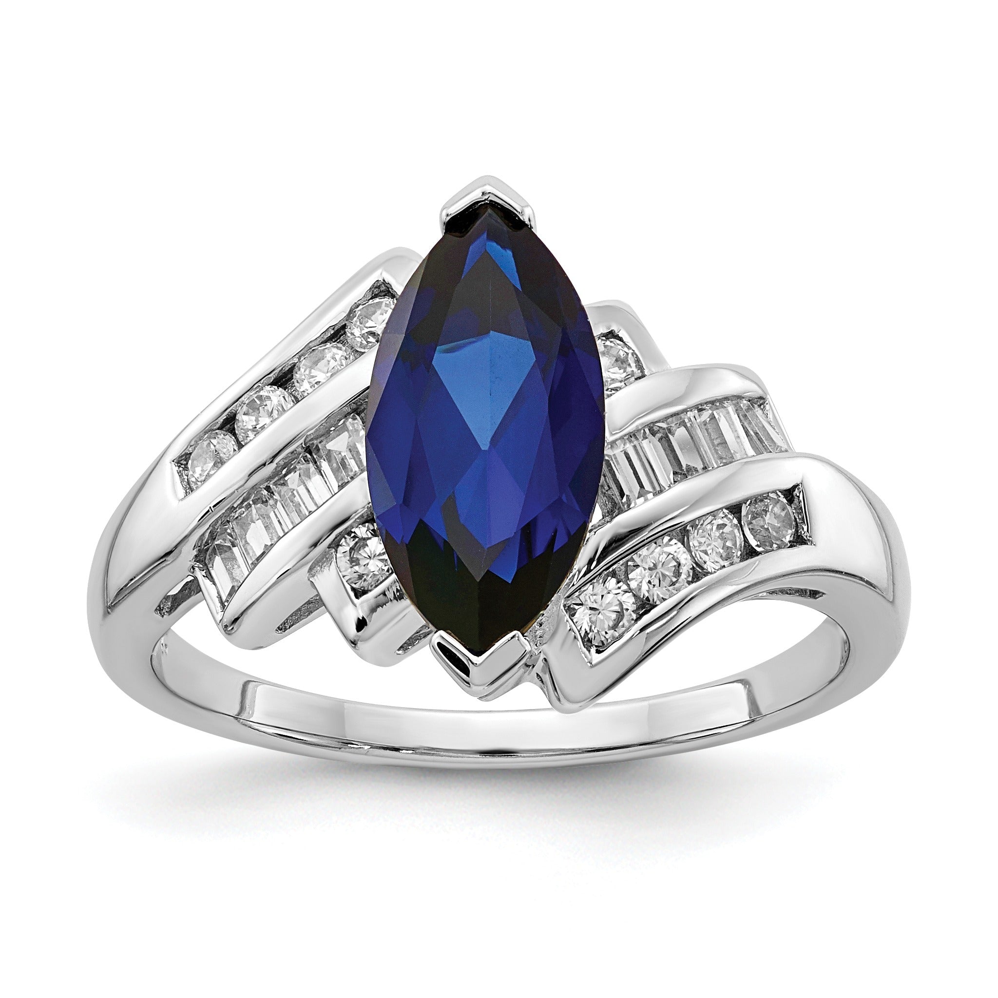 Marquise Blue Lab Created	Sapphire Prong Sterling Silver Bypass Statement Ring