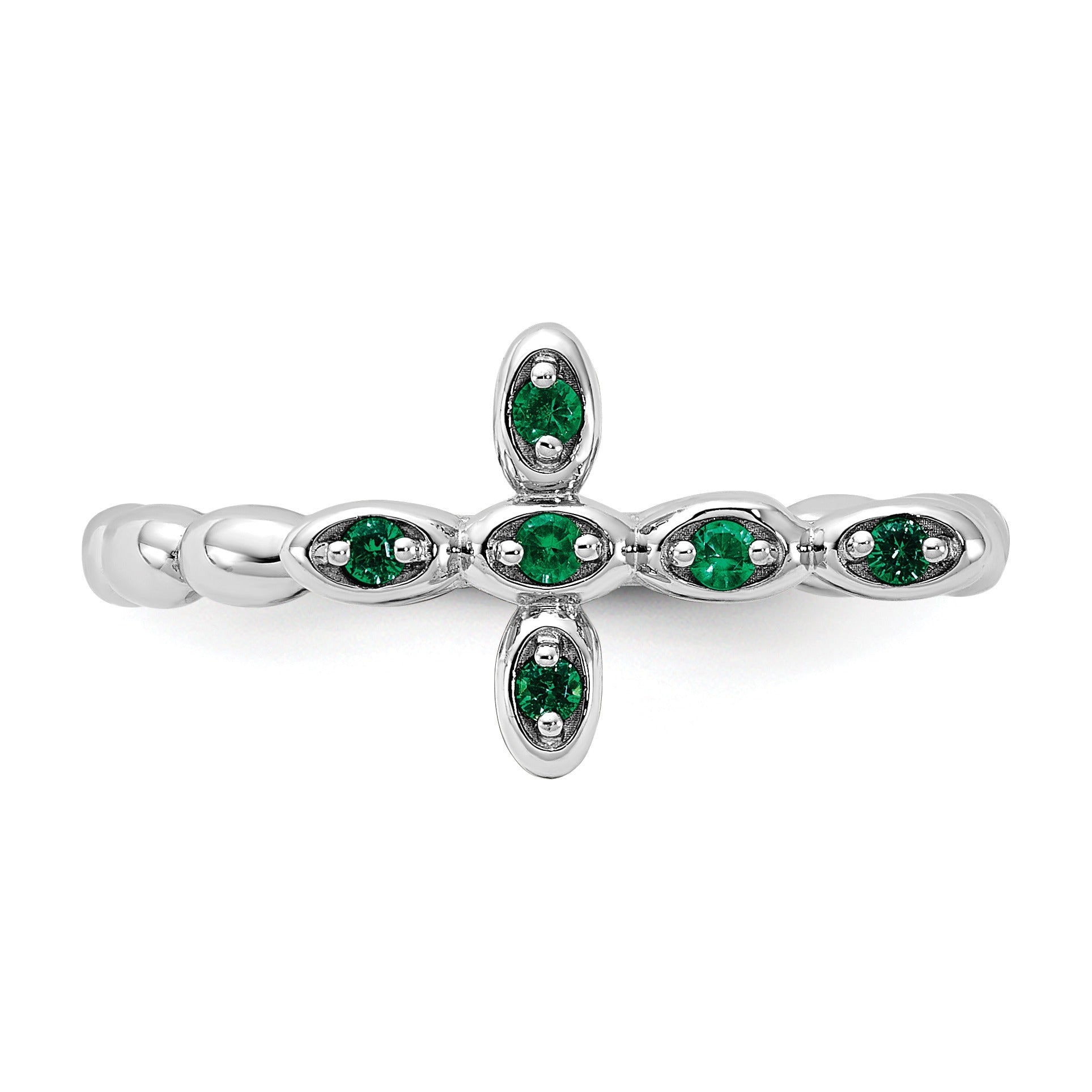 Silver Stackable Created Emerald Cross Ring