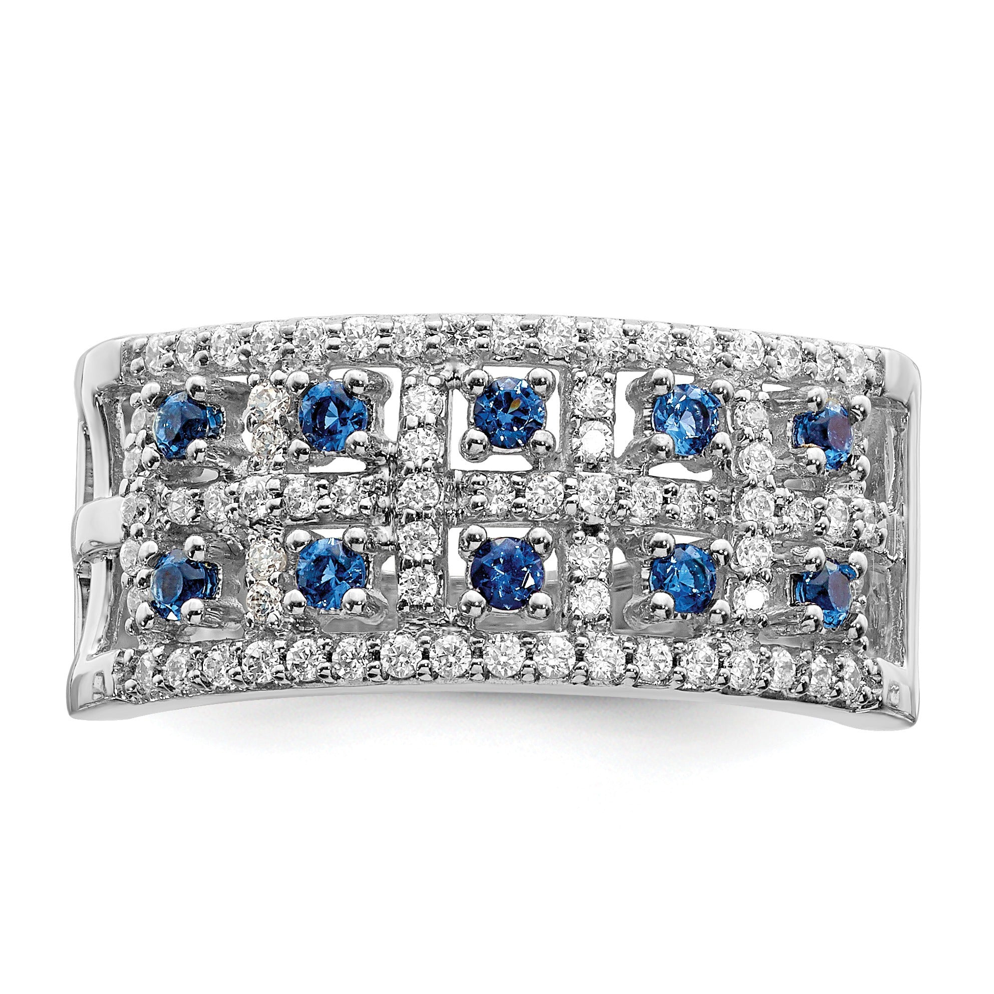 0.6 Ct Round Blue Sapphire & Diamond Prong 14K White Gold Two-Row Band Ring