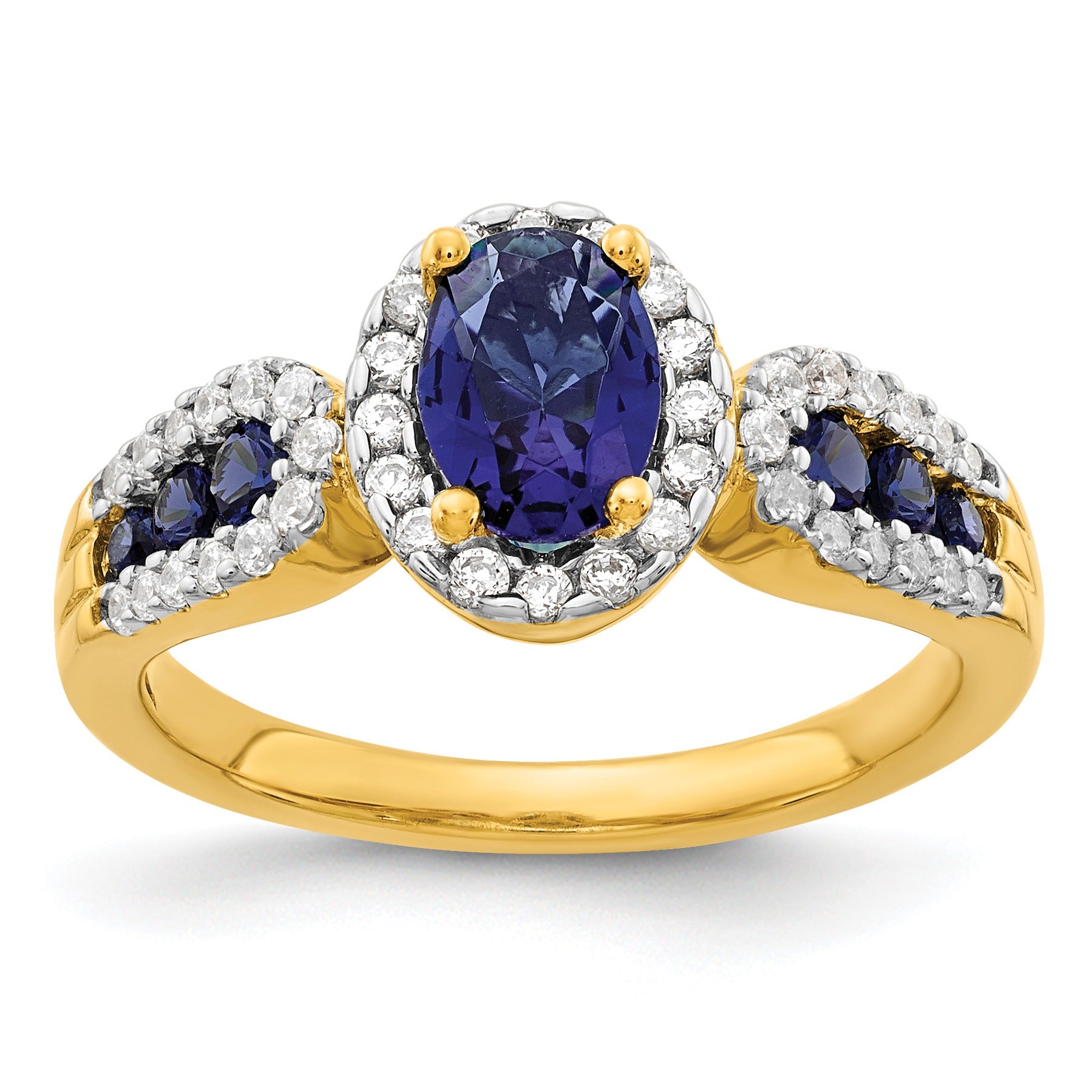 1.38 Ct Oval Blue Created Sapphire With Diamond Prong 14K Gold Engagement Halo Pave Ring