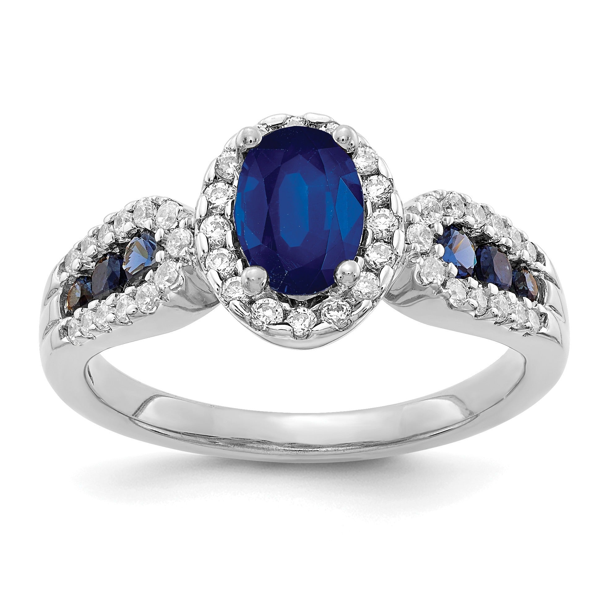 1.38 Ct Oval Blue Created Sapphire With Diamond Prong 14K Gold Engagement Halo Pave Ring
