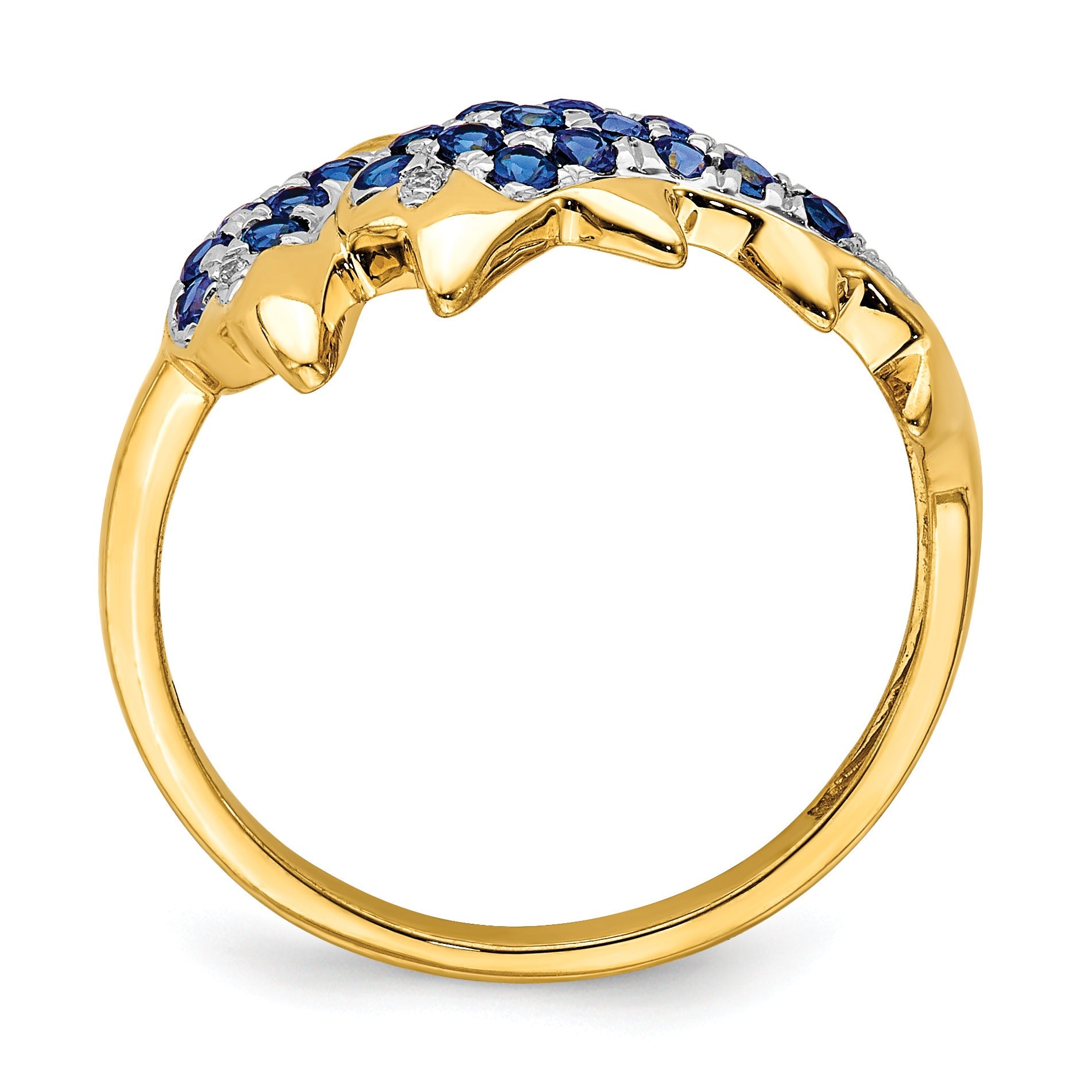 0.57 Ct Blue Sapphire and Diamond Prong 14k Yellow Gold Two Dolphins Ring