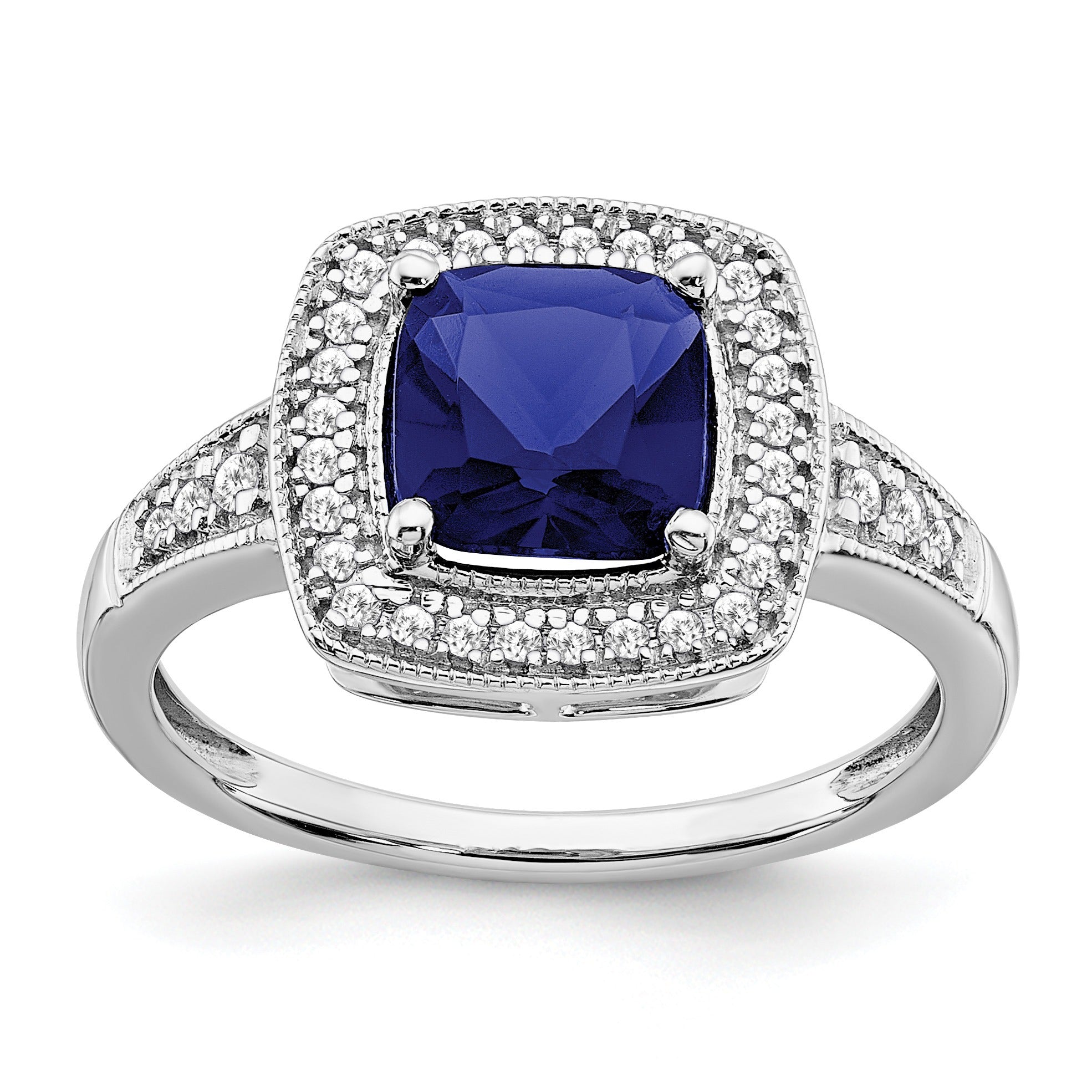 1.31 Ct Cushion Lab Created Blue Sapphire and Diamond Pong 14k White Gold Halo Tapered Ring