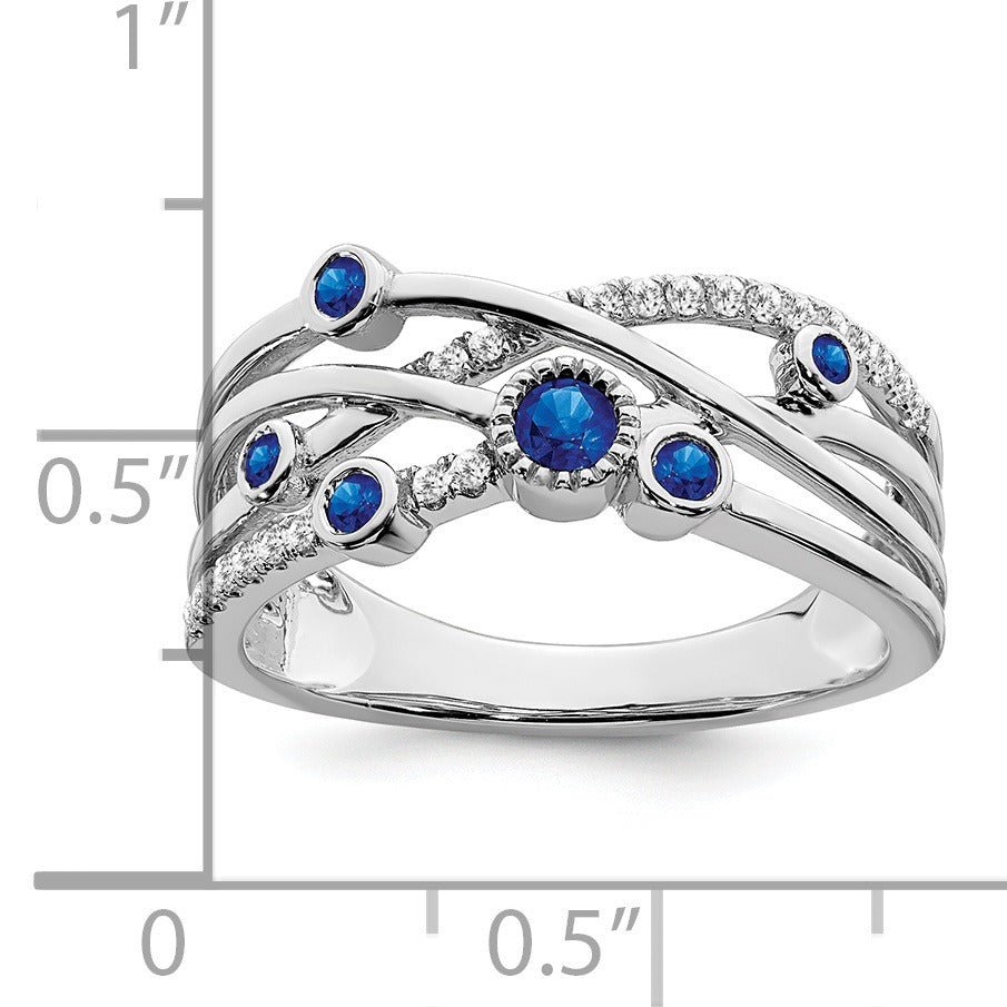 0.27 Ct Round Blue Sapphire Diamond White Gold Bezel Set Criss Cross Band Ring