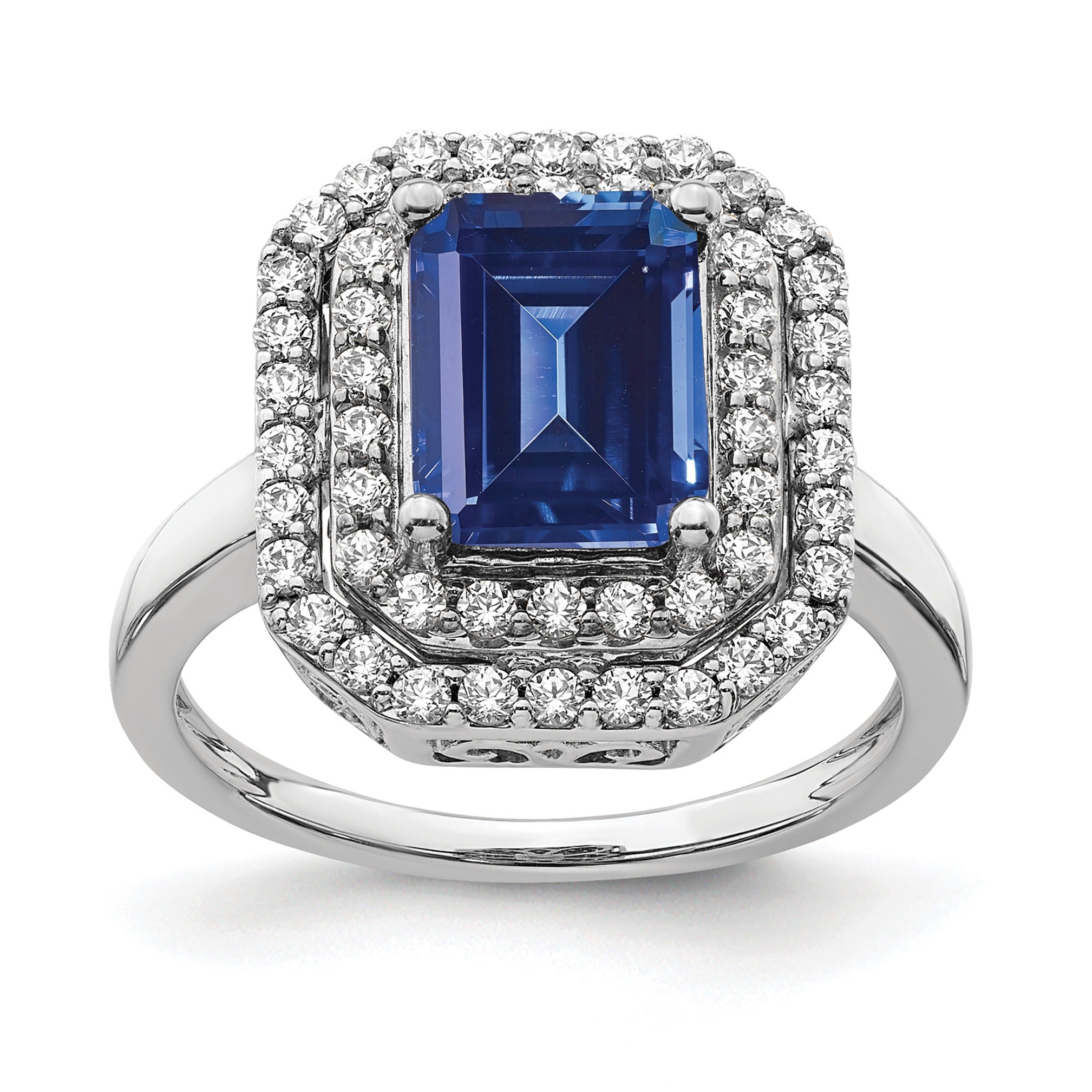 3.12 Ct Emerald Cut Lab Created Blue Sapphire and Diamond 14K White Gold Double Halo Ring