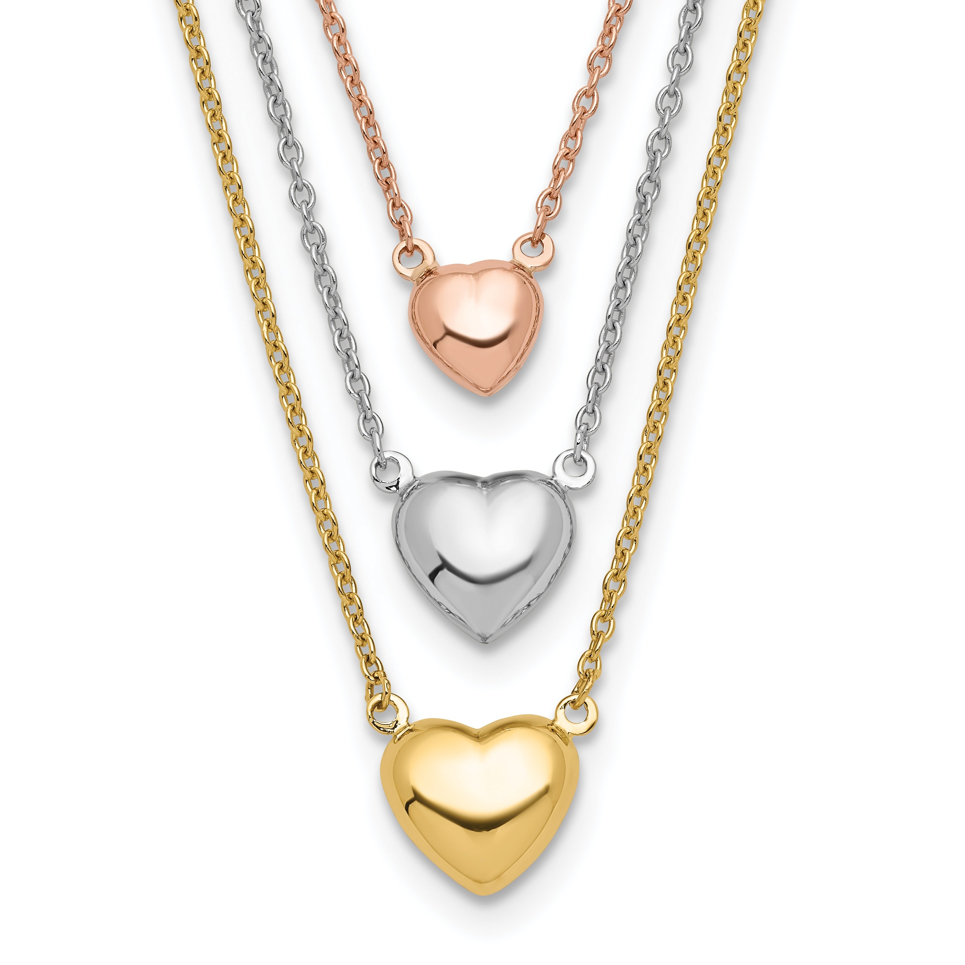 Tri-color Three Hearts 14K Gold Layered Cable Chain Necklace