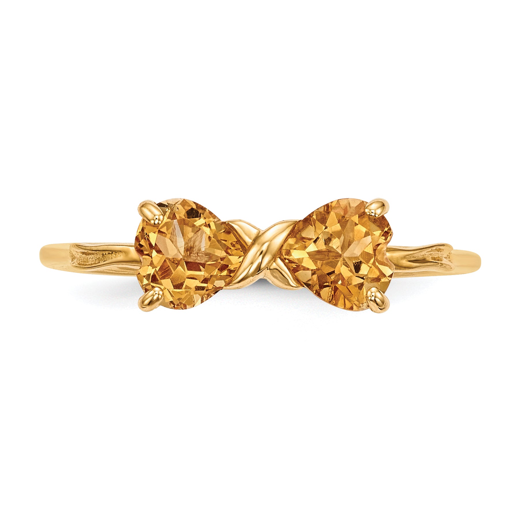14k Yellow Gold Bow Dual Heart Birthstone Ring