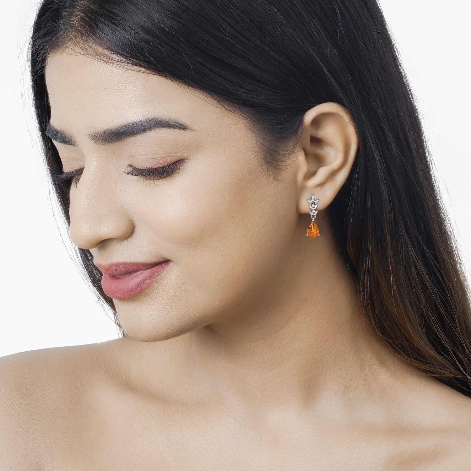 Genuine Madeira Citrine and Lab Diamond Silver Earrings