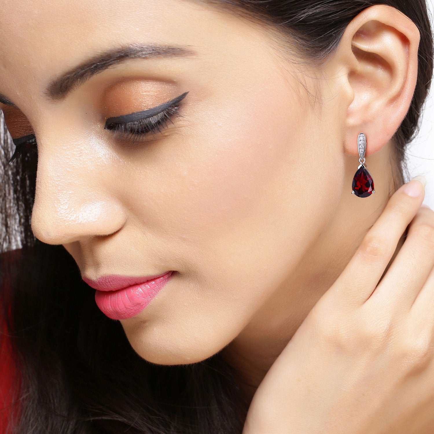 Genuine Mozambique Garnet and Lab Diamond Silver Earrings