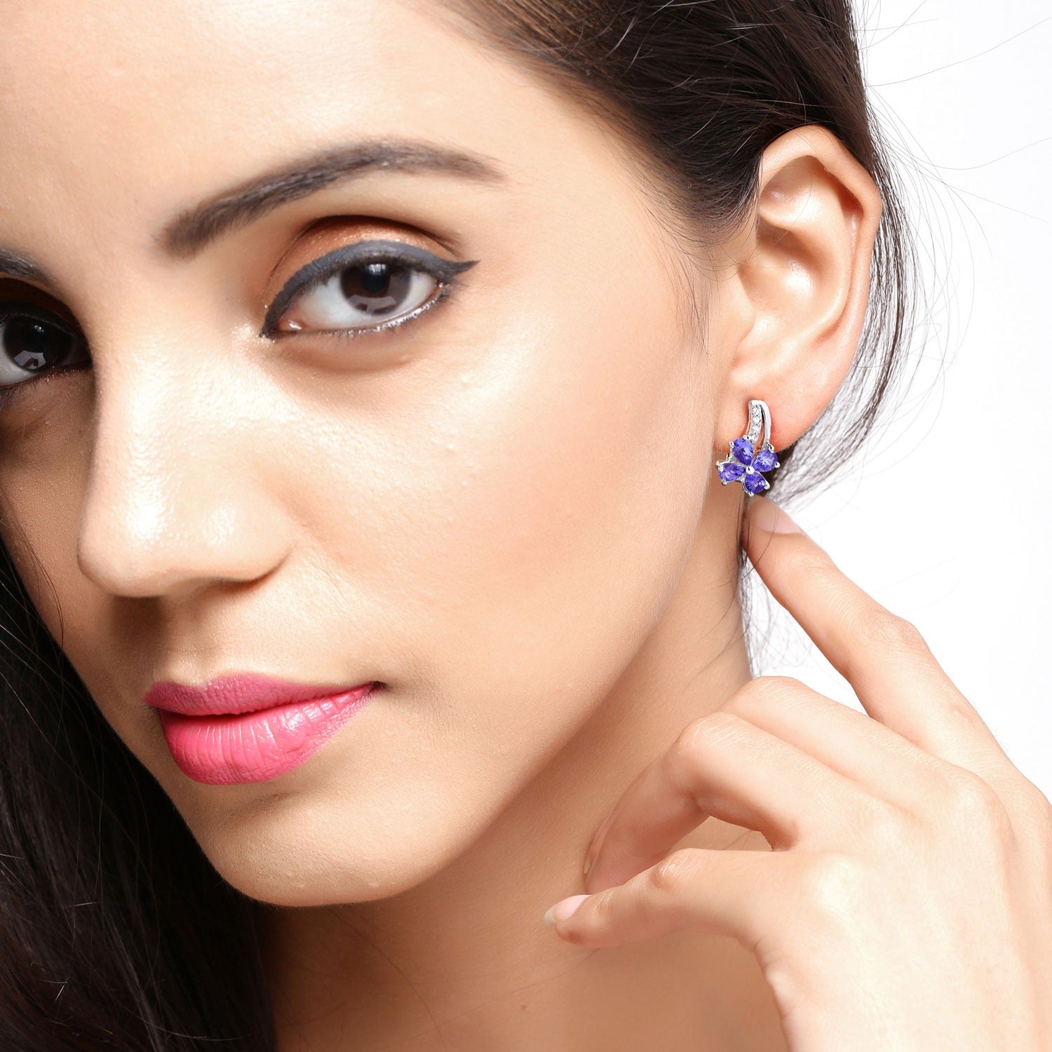 Genuine Purple Tanzanite Lab Diamond Silver floral Earrings