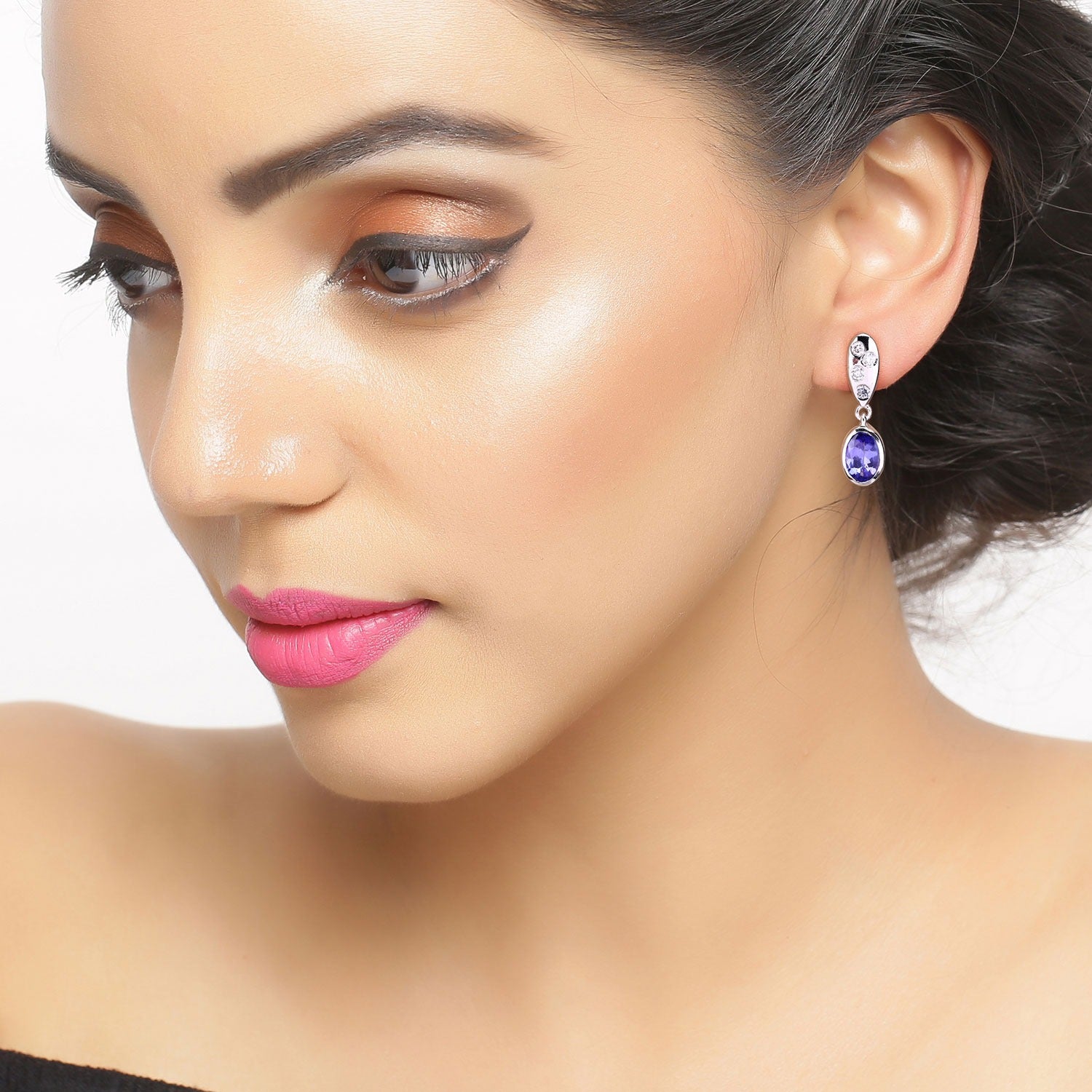 Genuine Tanzanite and Lab Diamond Dangle Silver Earrings