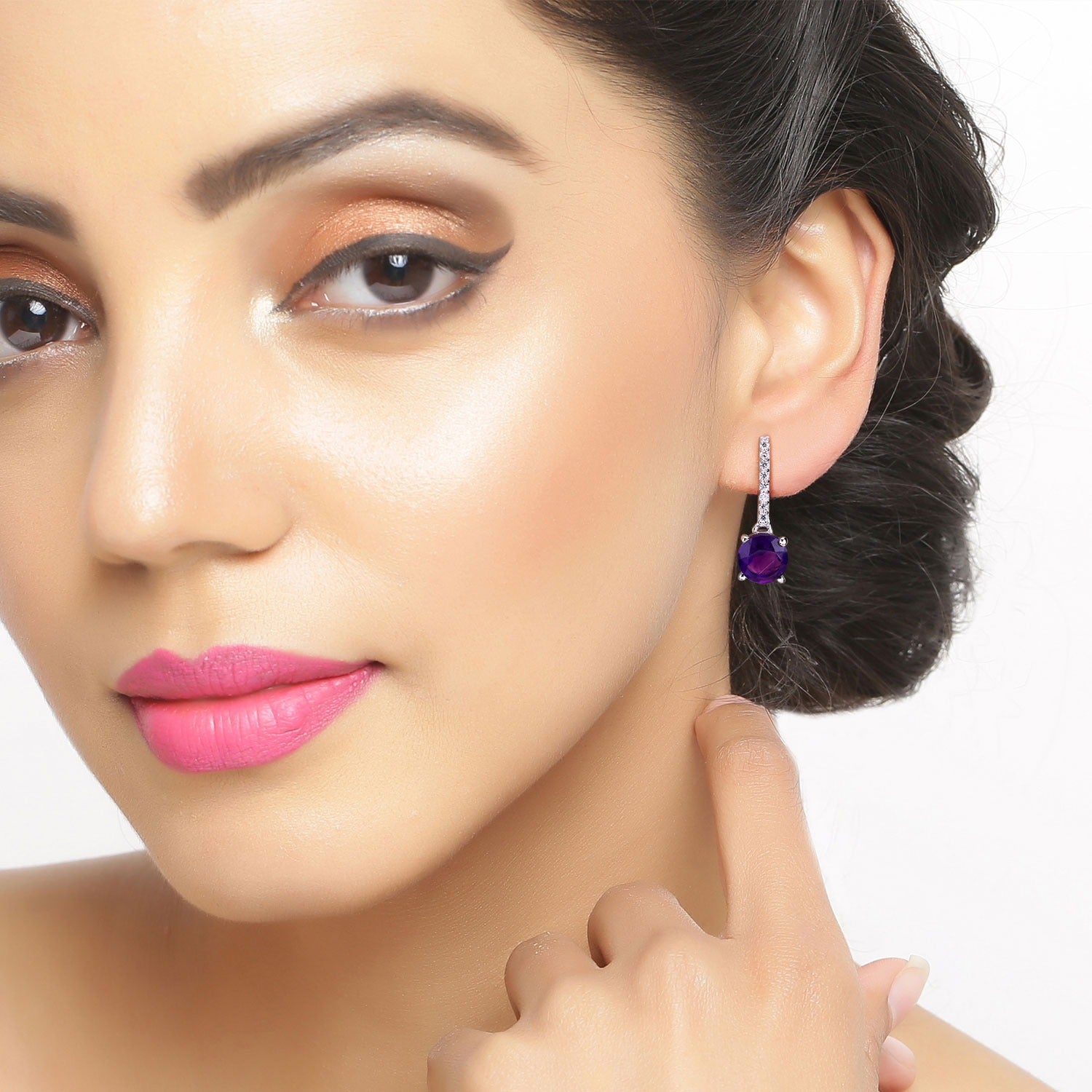 Genuine Amethyst and Diamond Silver Earrings