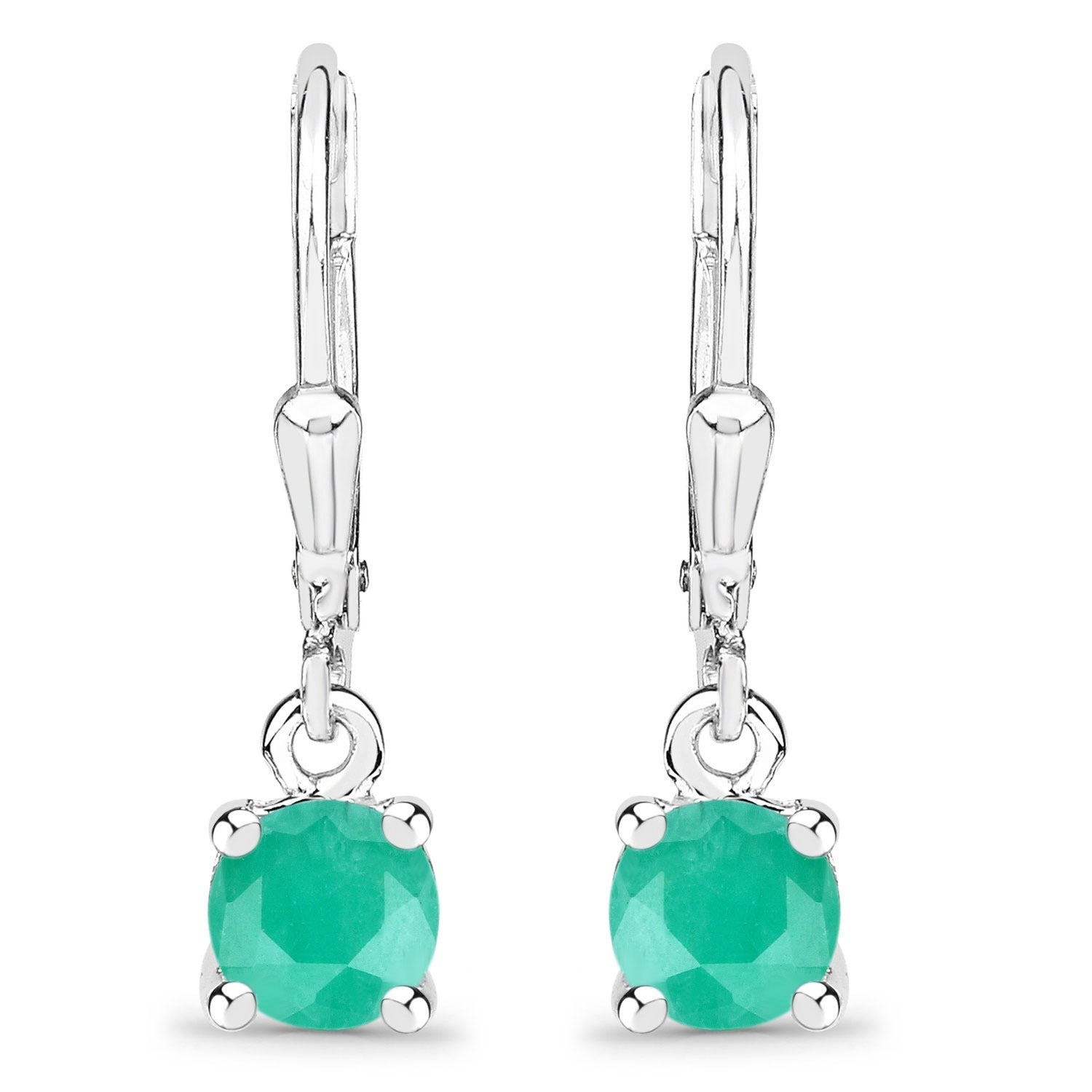 0.92 Ct Green Round Emerald Prong 925 Silver Dangle Lever Back Earrings