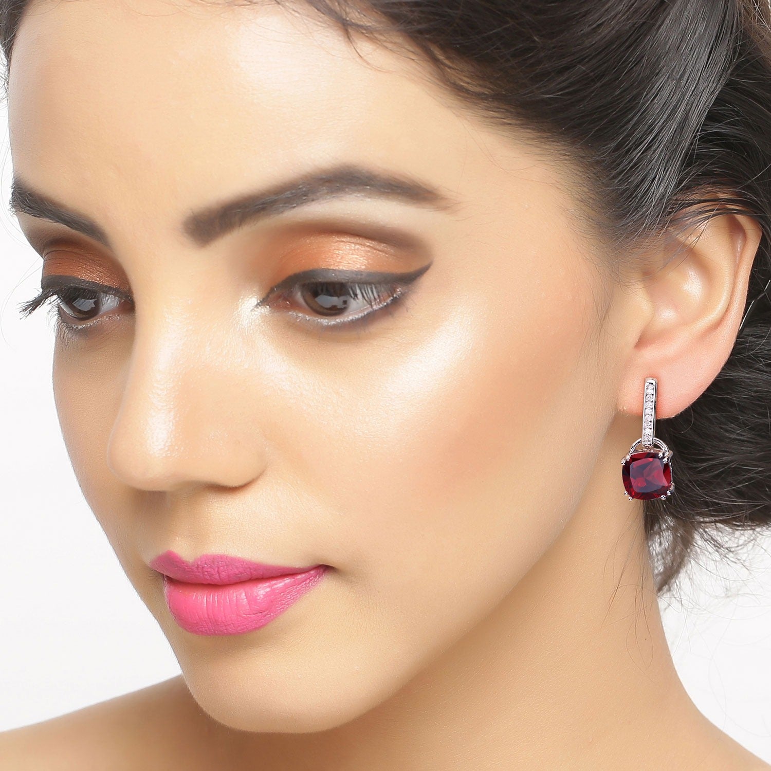 Genuine Mozambique Garnet and Lab Diamond Silver Earrings