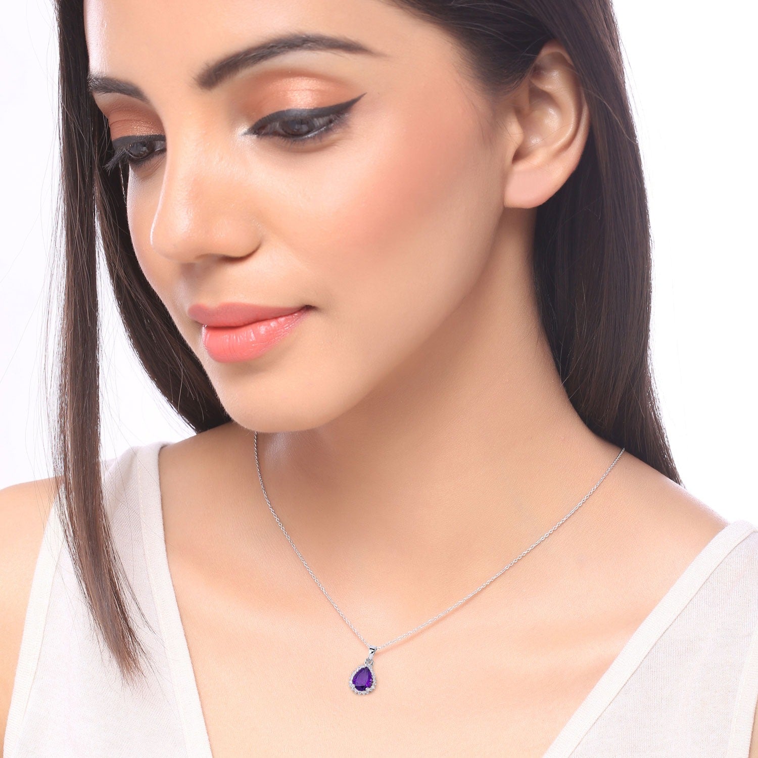 1.57 Ct Genuine Amethyst and Lab Diamond Silver Teardrop Necklace